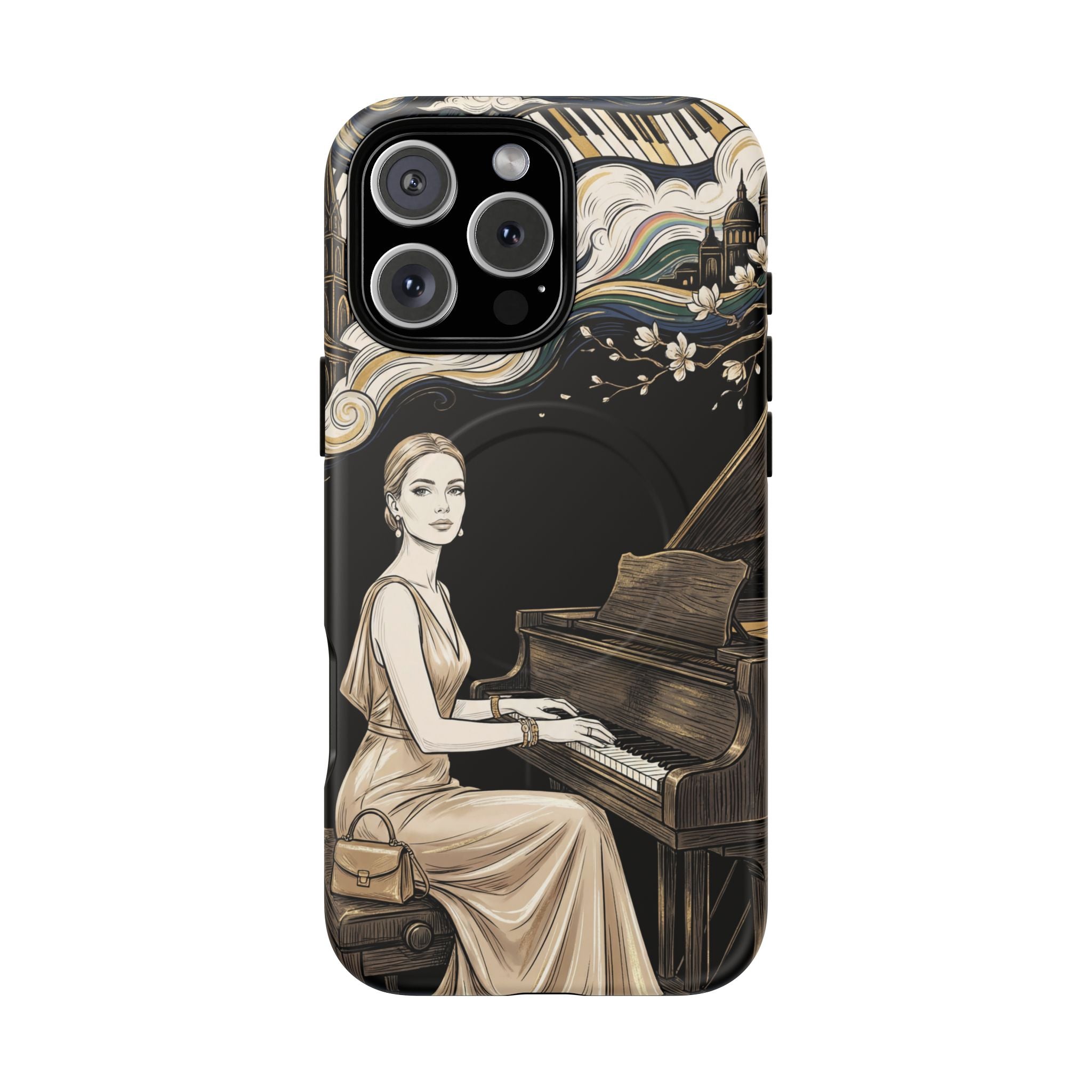 Elegant Piano Woman MagSafe iPhone Case | Vintage Art Deco Music Design