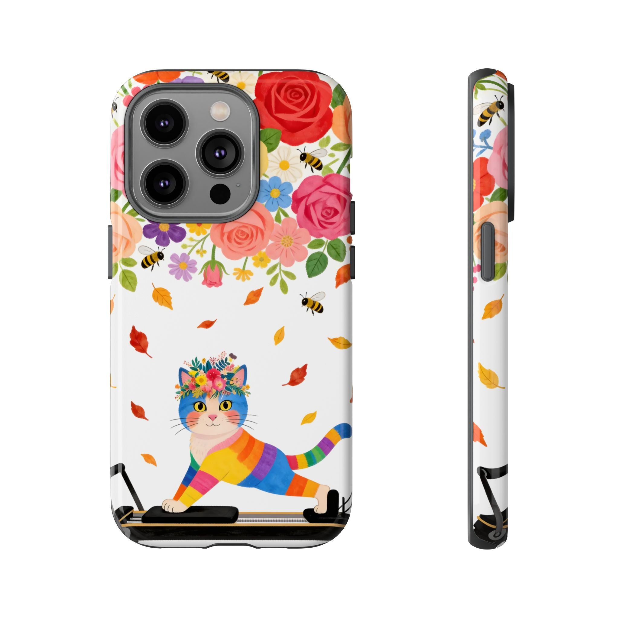 Floral Rainbow Cat Tough iPhone Case — Colorful Pilates Cat Design