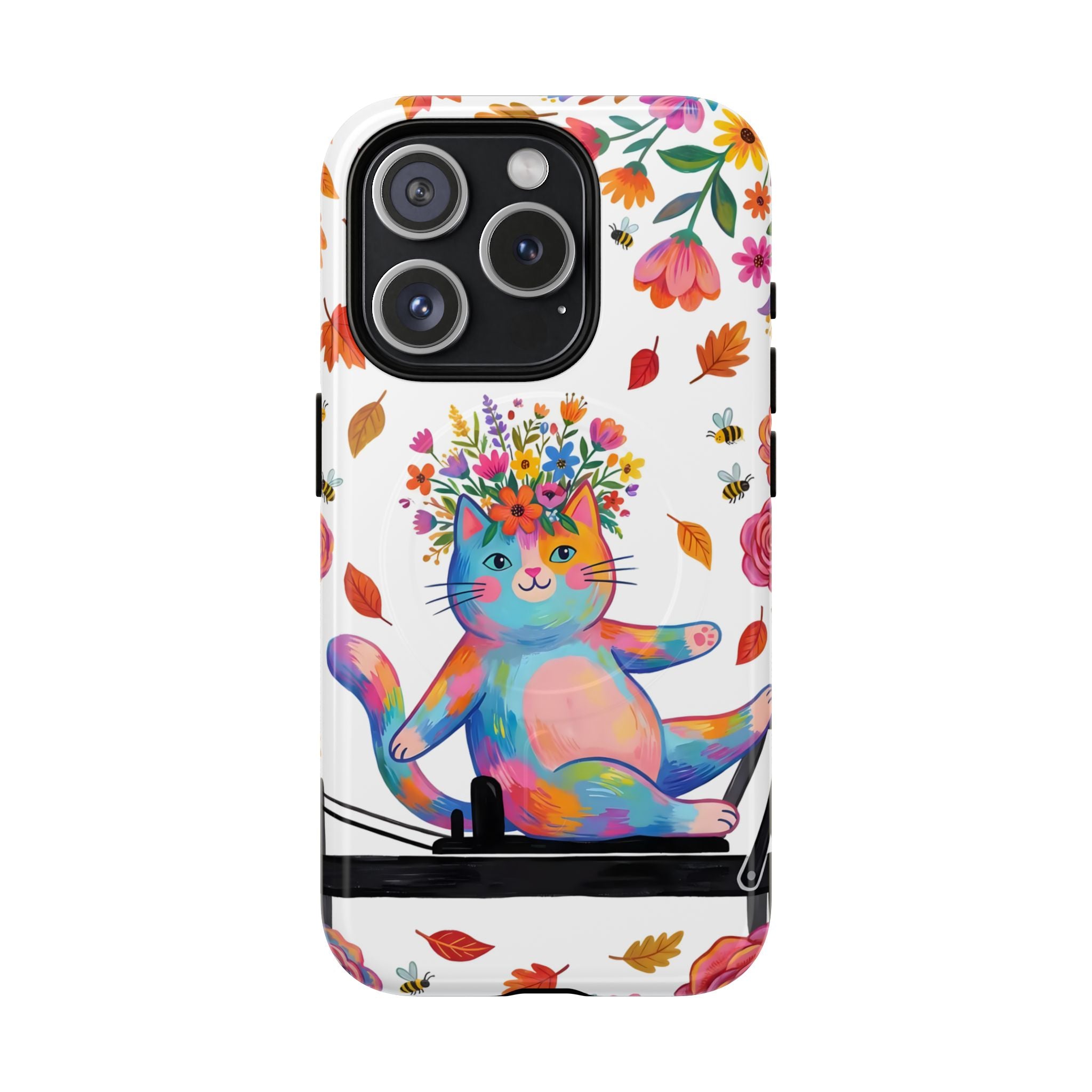 Colorful Floral Cat on Pilates Reformer Protective MagSafe iPhone Case