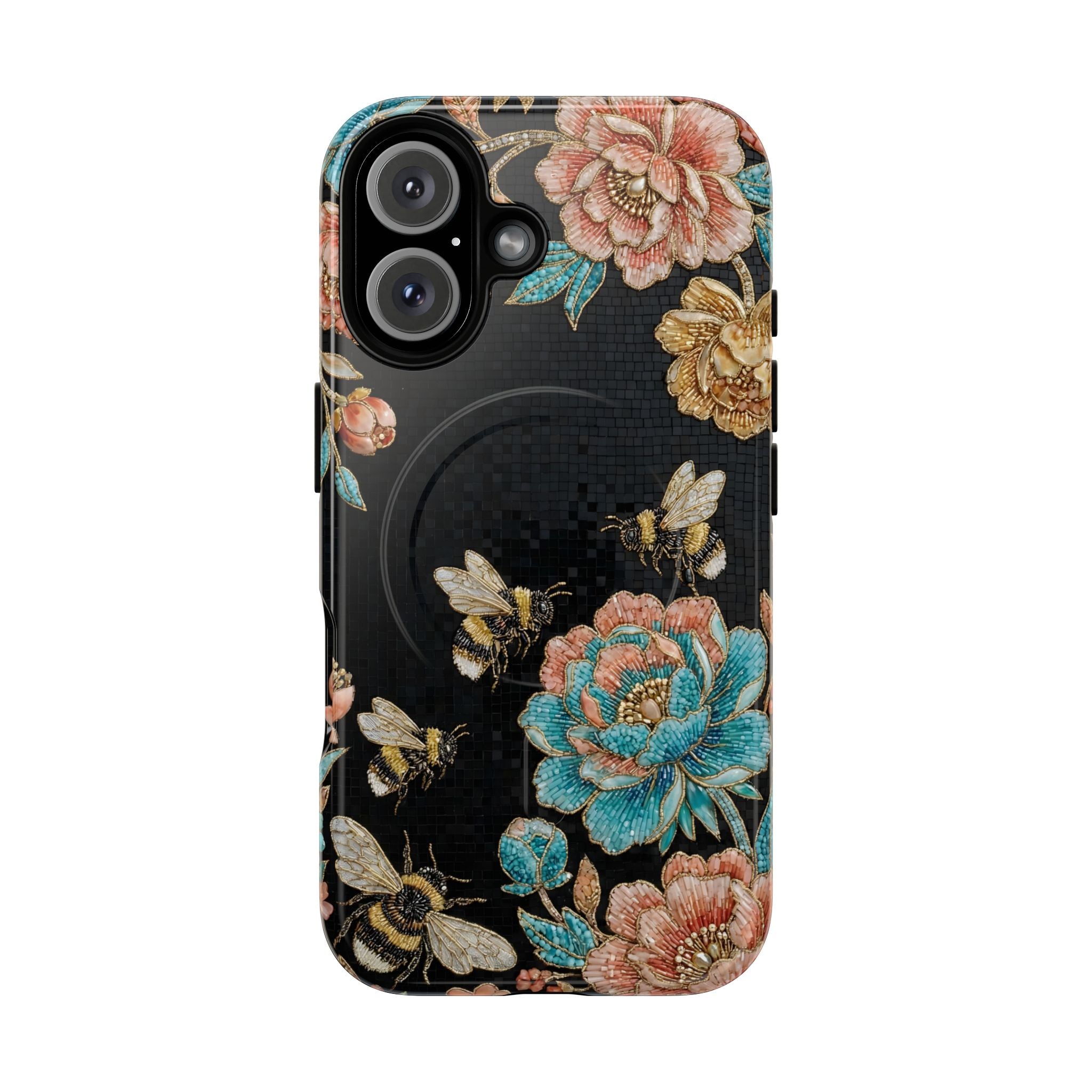 Floral Bees Tough MagSafe iPhone Case | Vintage Rose & Bumblebee Protective Cover