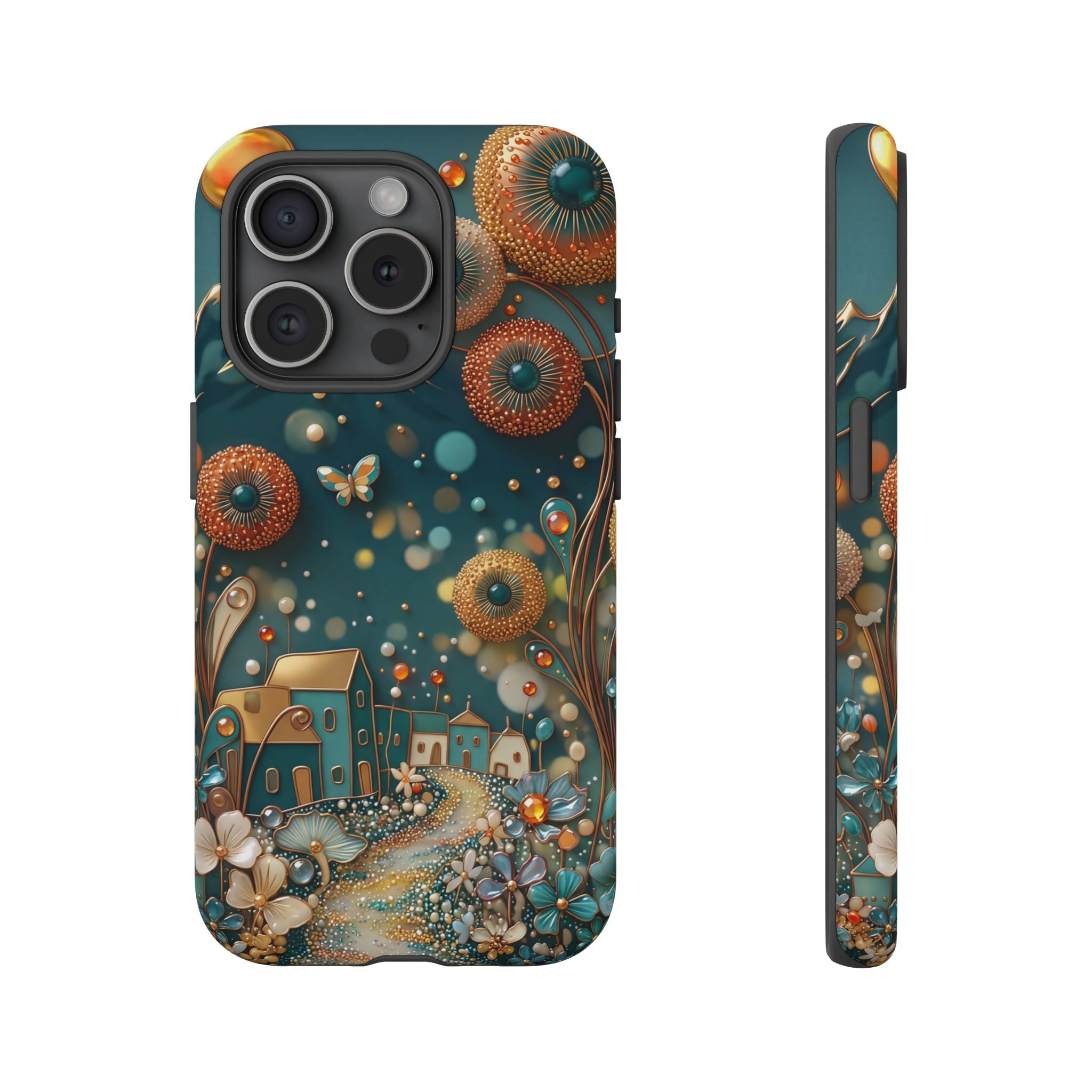 Whimsical Night Village iPhone Case | Floral Moonlit Art Tough Case