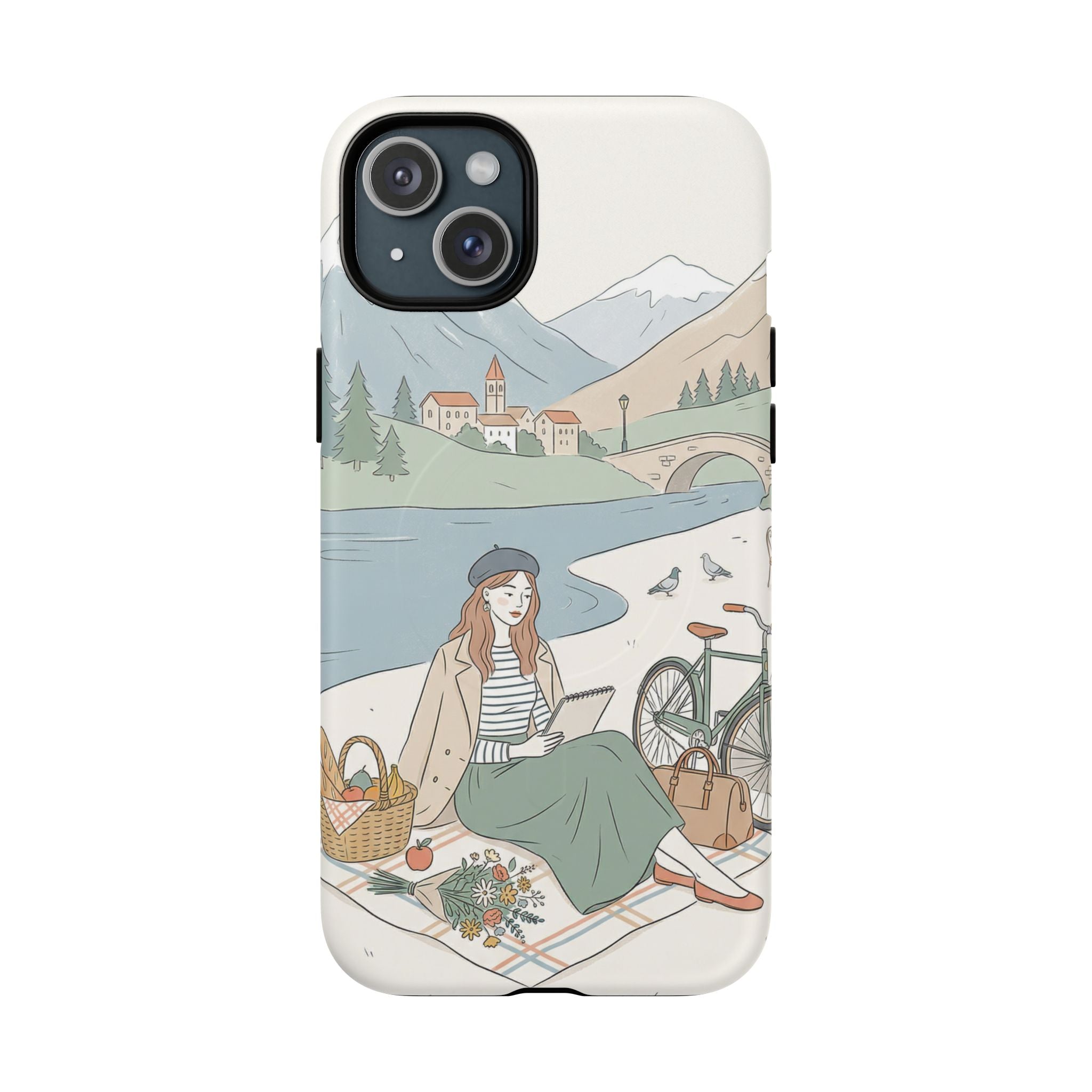 Scenic Picnic MagSafe iPhone Case | Vintage Bicycle & Mountain Illustration