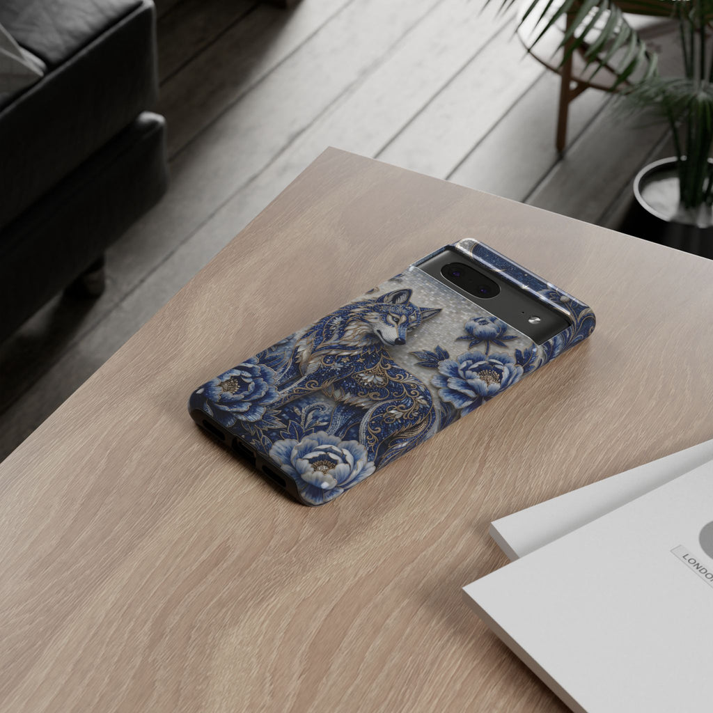 Blue Floral Wolf Tough Google Pixel Phone Case | Moonlit Wolf Protective Cover