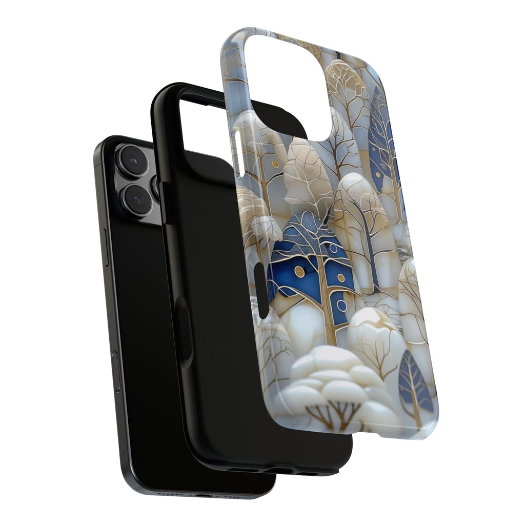 Blue Gold Winter Forest iPhone Case — Elegant Tree Pattern Tough Case