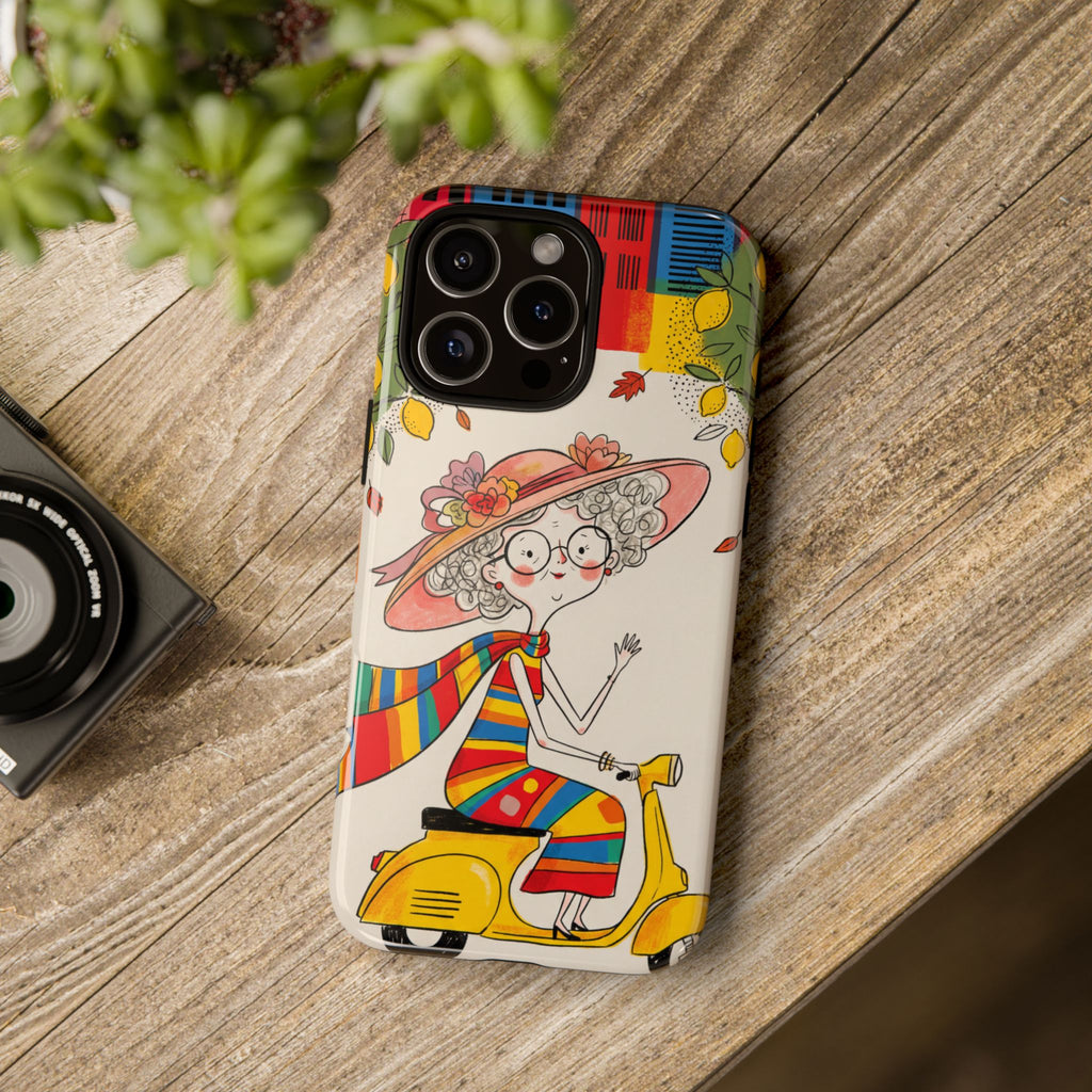 Vintage Scooter Granny iPhone Case | Colourful Retro Elderly Lady Design
