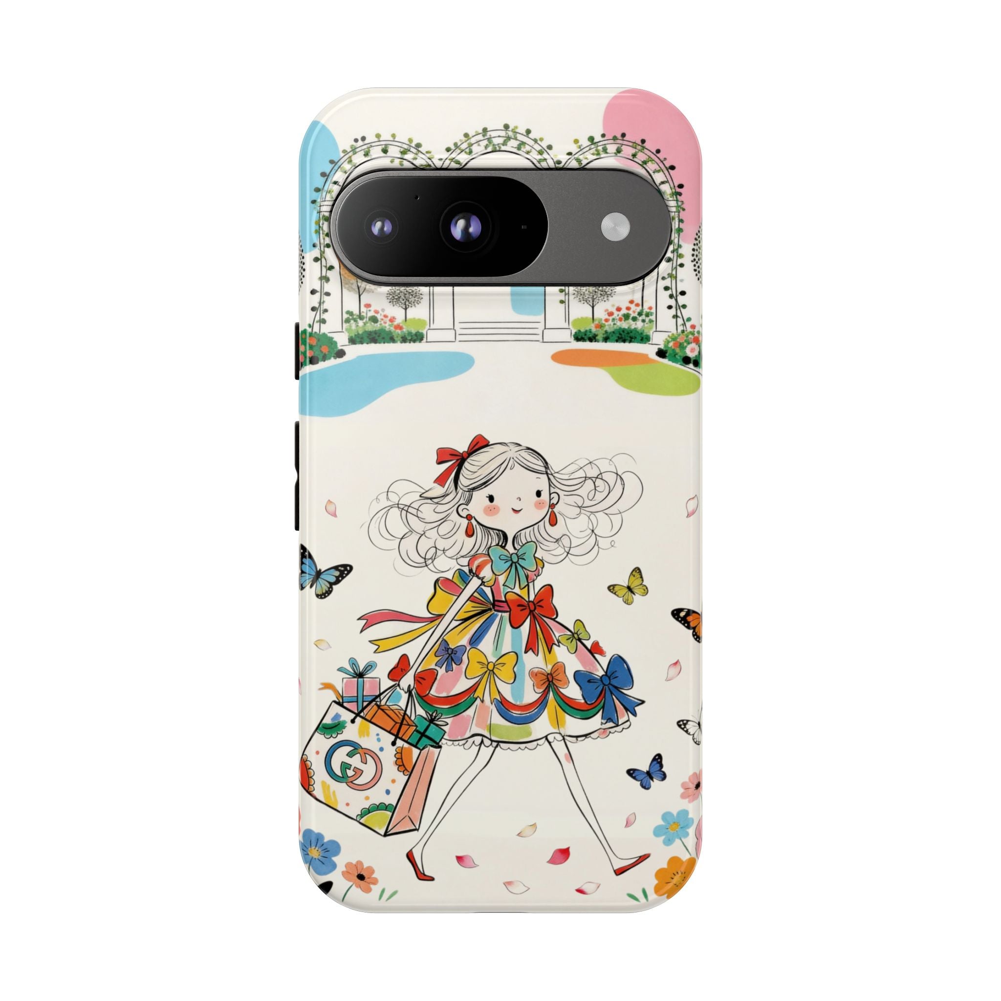 Whimsical Shopping Girl Google Pixel Phone Case | Cute Floral Butterfly Tough Case