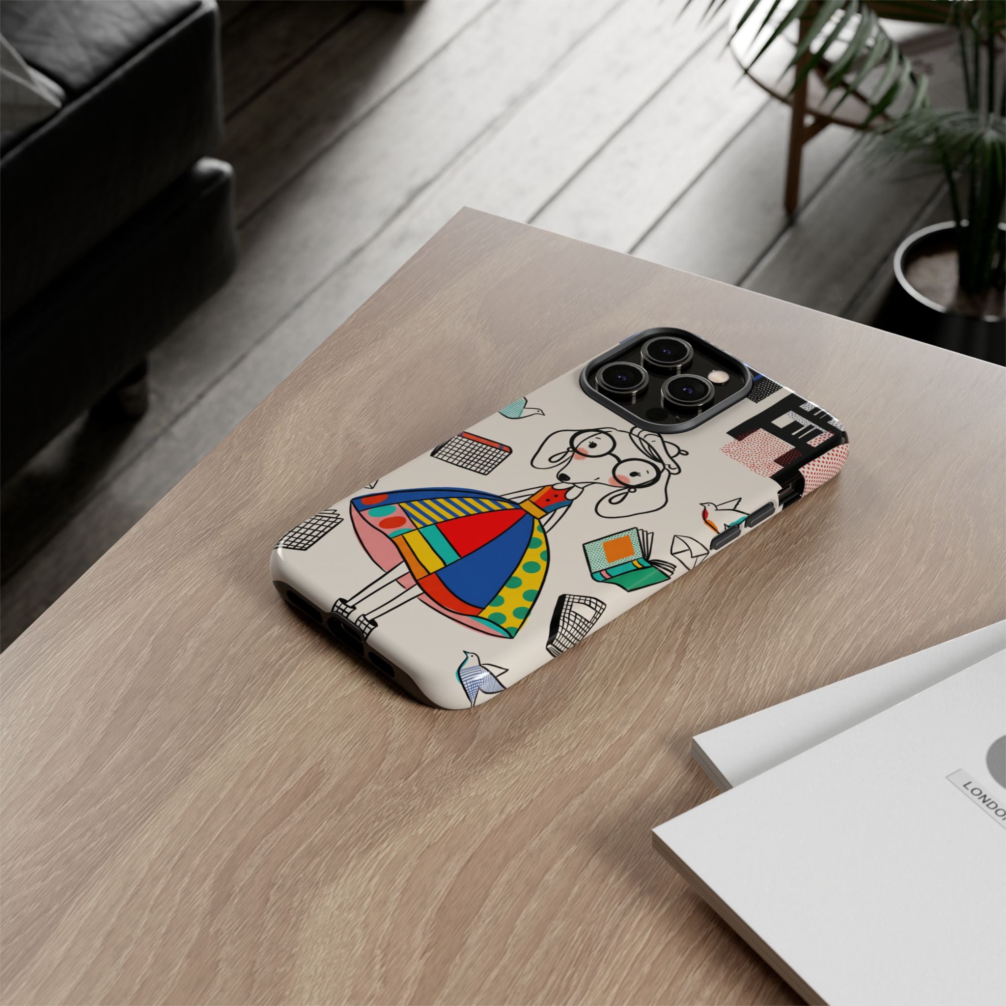Cute Dachshund Dog Illustration iPhone Case | Colorful Whimsical Book & Bird Design