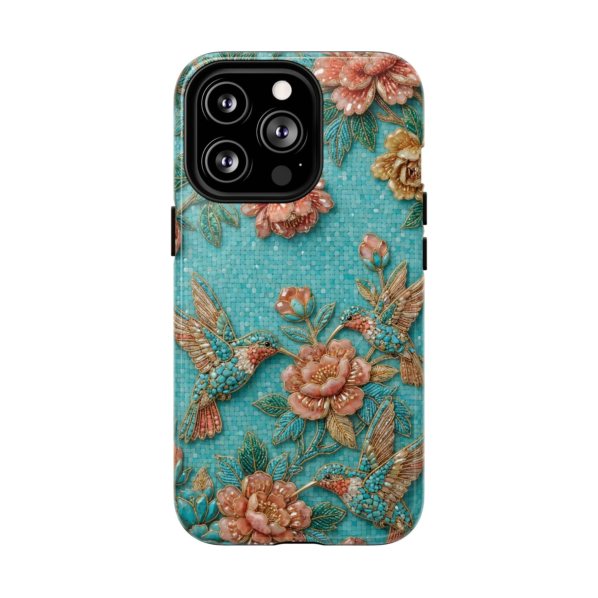 Floral Hummingbird Tough MagSafe iPhone Case | Turquoise Embroidered Garden Design