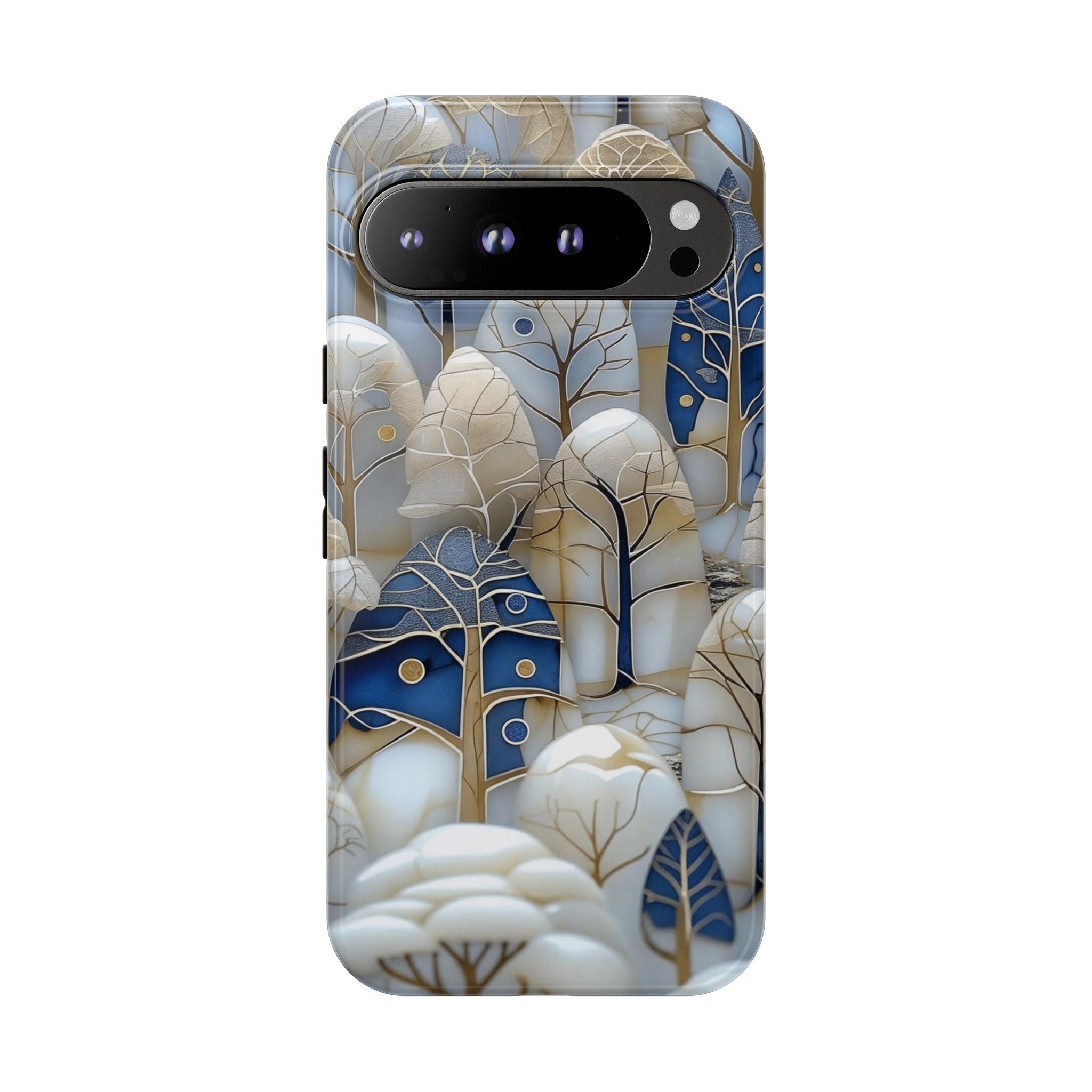 Blue Gold Winter Forest Google Pixel Case — Elegant Tree Pattern Tough Case