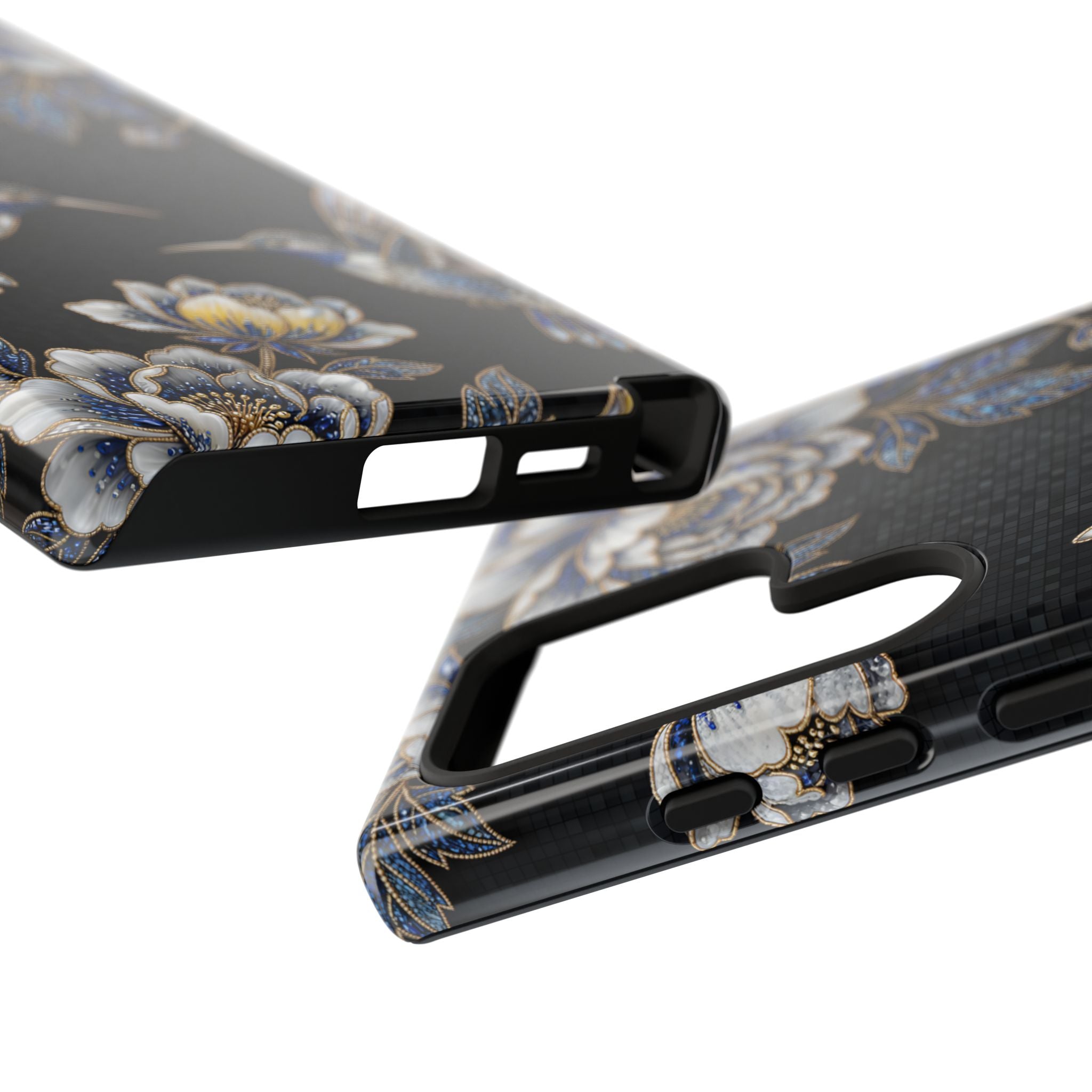 Hummingbird & Peony Floral Samsung Galaxy Phone Case | Elegant Black Protective Cover