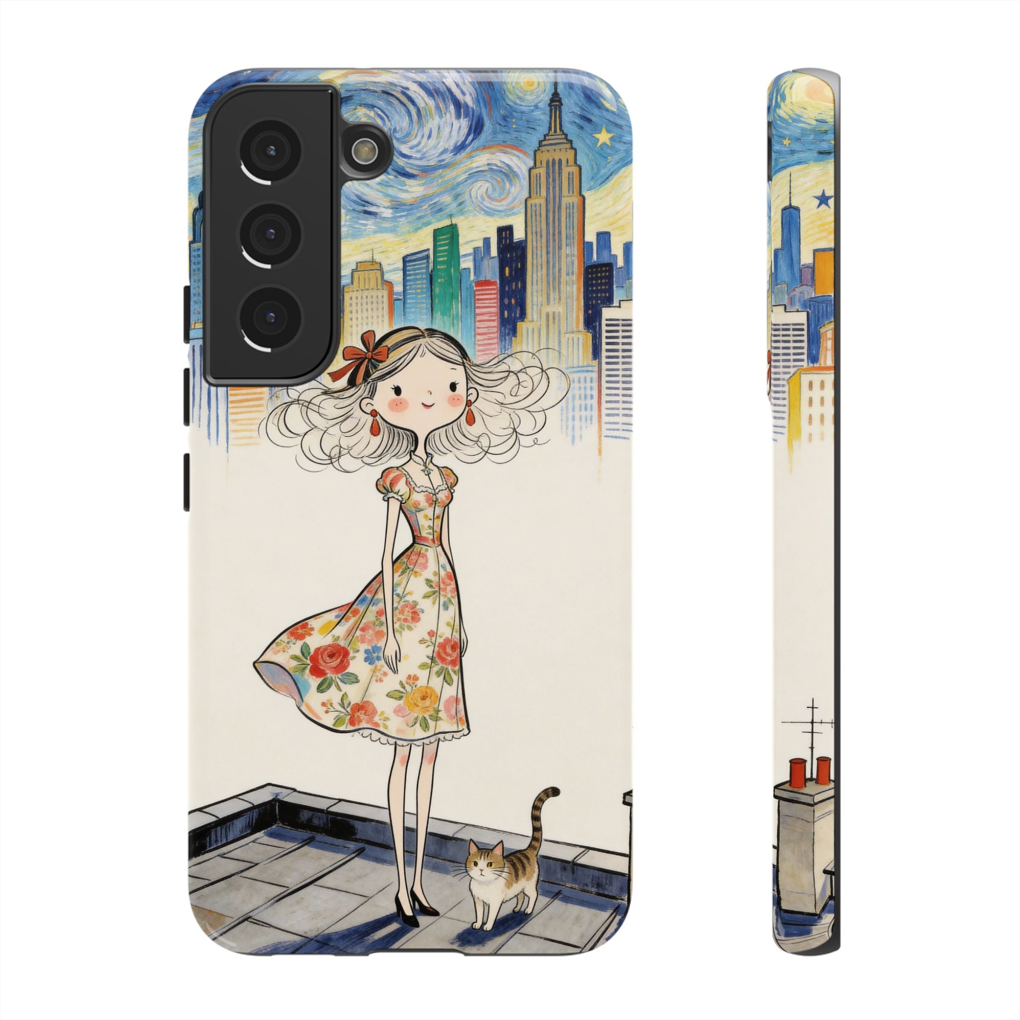 Artistic Girl Cityscape Samsung Galaxy Phone Case | Cute Floral Dress Rooftop Design