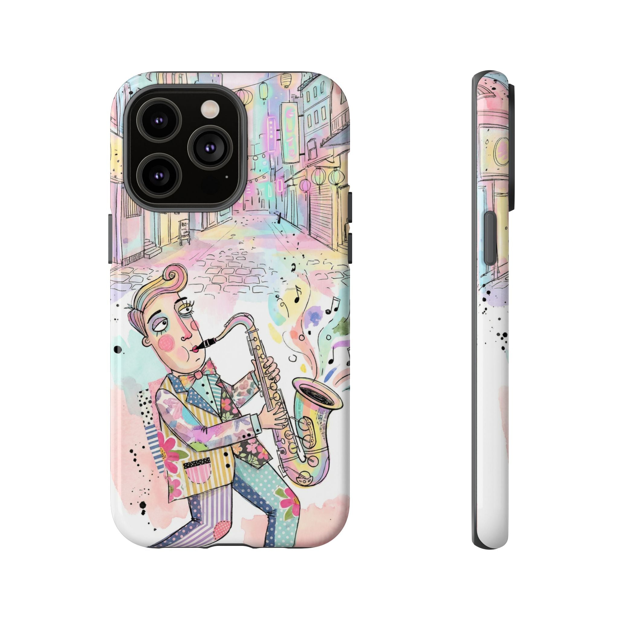 Sax Player Art iPhone Case | Pastel Jazz Street Illustration
