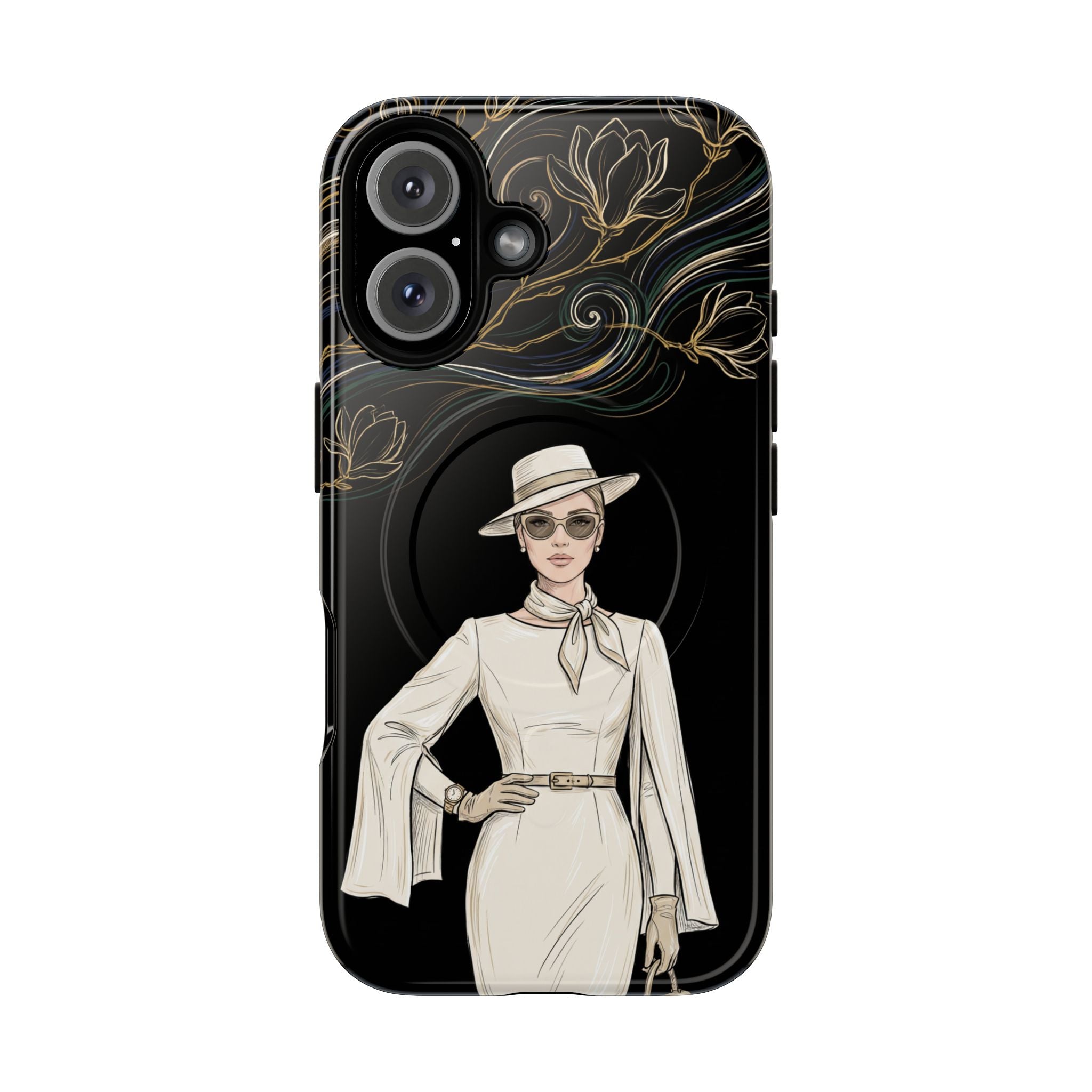 MagSafe iPhone Case | Elegant Vintage Lady with Gold Floral Swirls