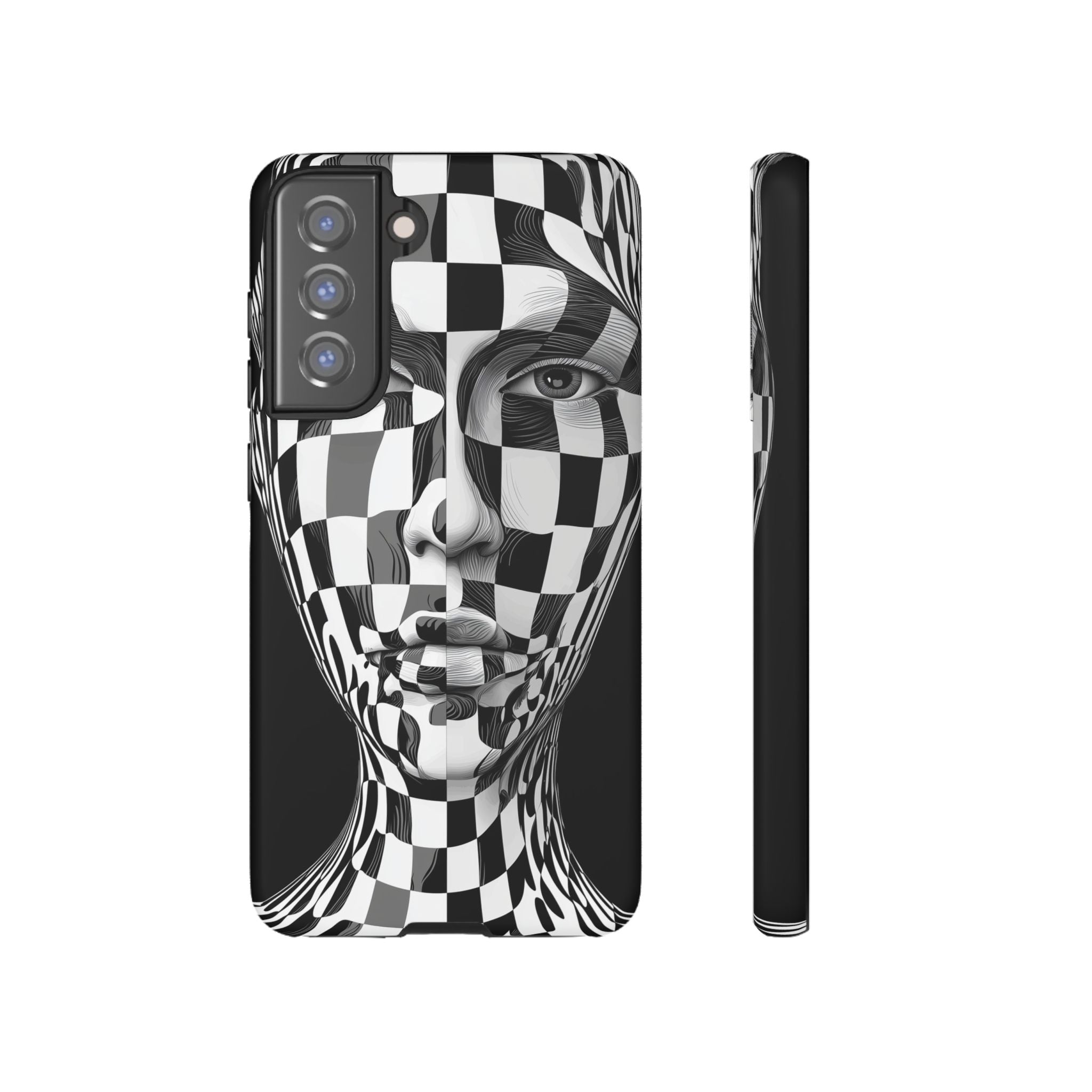 Checkerboard Face Tough Samsung Galaxy Case — Black & White Surreal Art Protective Cover