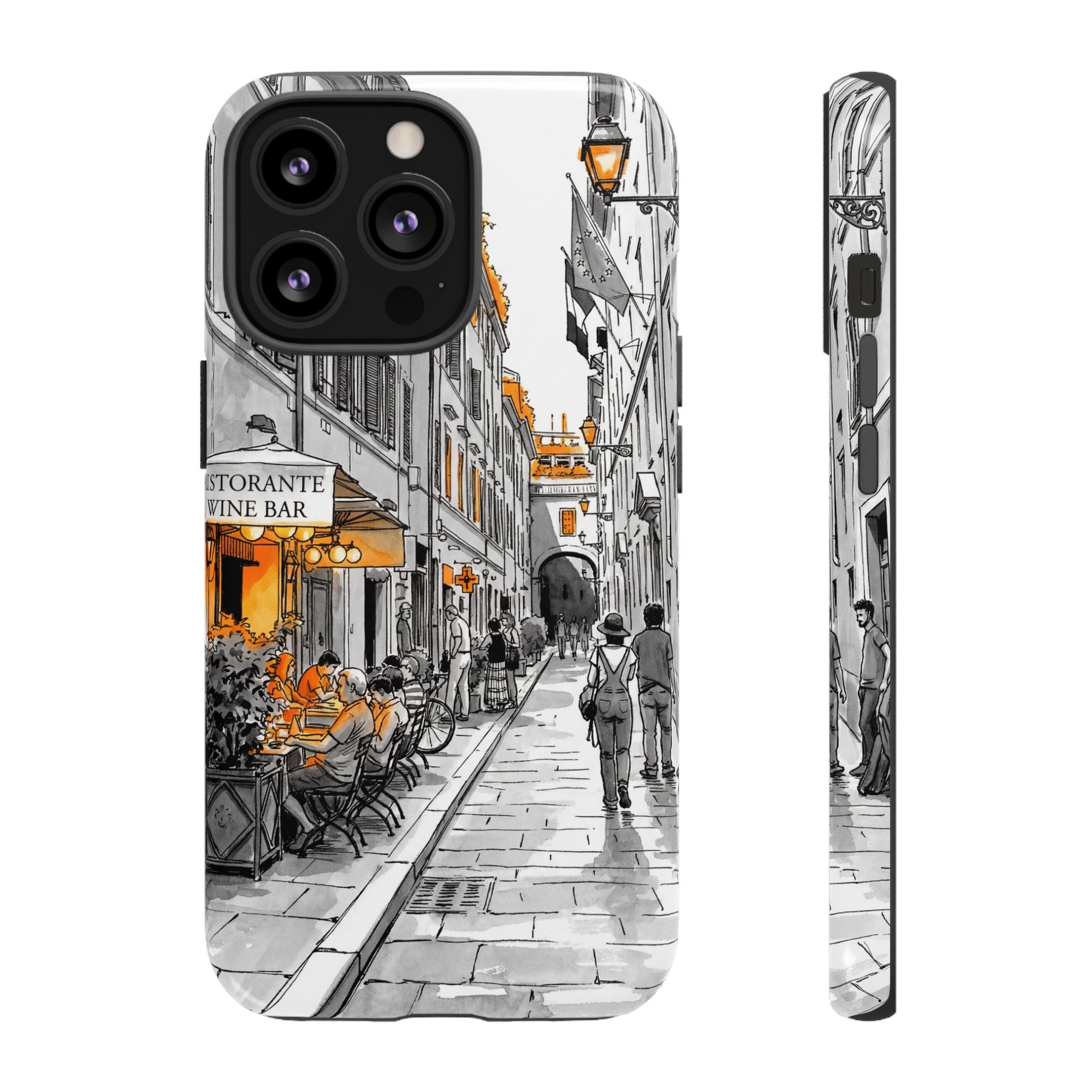 Vintage Italy Street iPhone Case | Black & White Sketch with Orange Accent