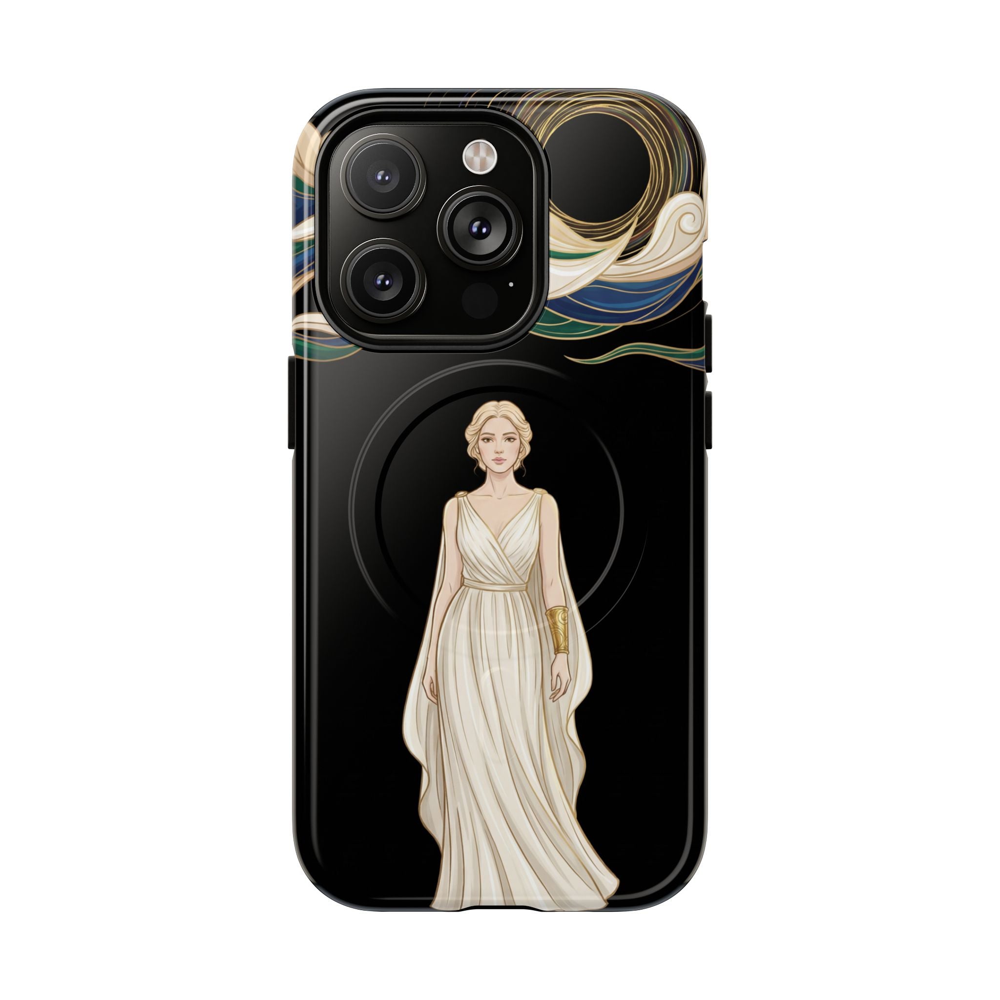 Art Nouveau Goddess MagSafe iPhone Case | Elegant Woman Illustration on Black