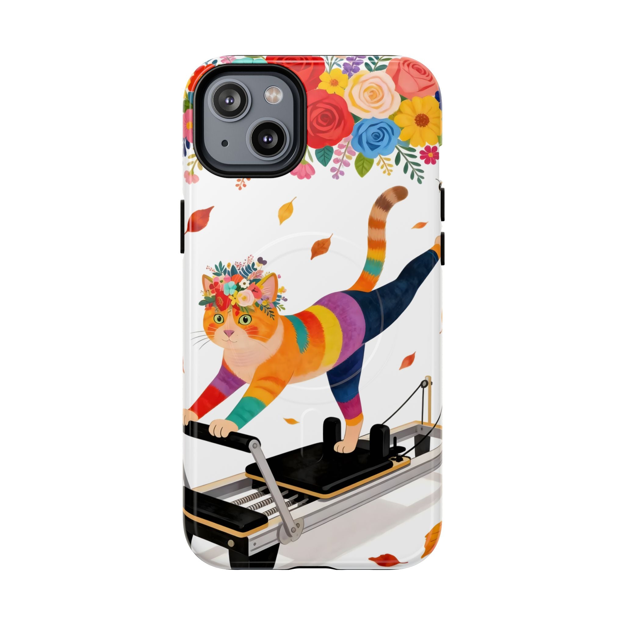 Cat Pilates MagSafe iPhone Case | Floral Rainbow Cat on Reformer