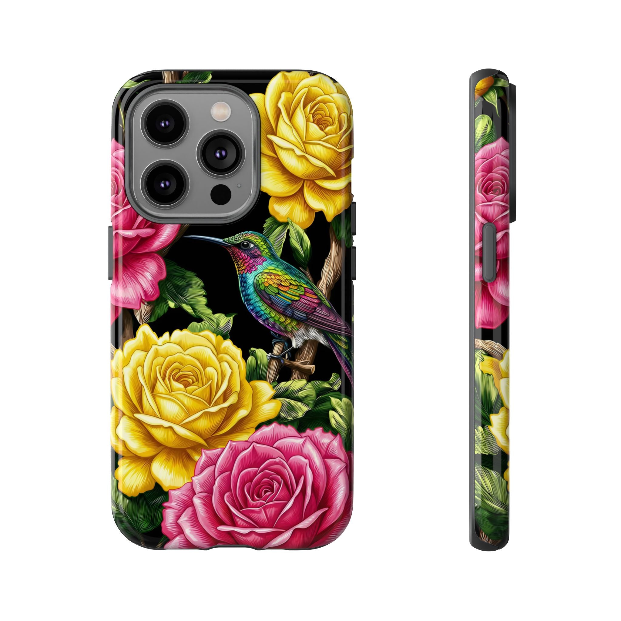 Floral Hummingbird Tough iPhone Case | Vibrant Rose & Yellow Garden Protection