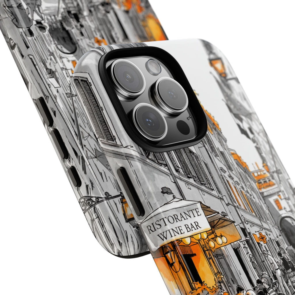 Custodia per iPhone Vintage Italy Street | Schizzo in bianco e nero con dettagli arancioni