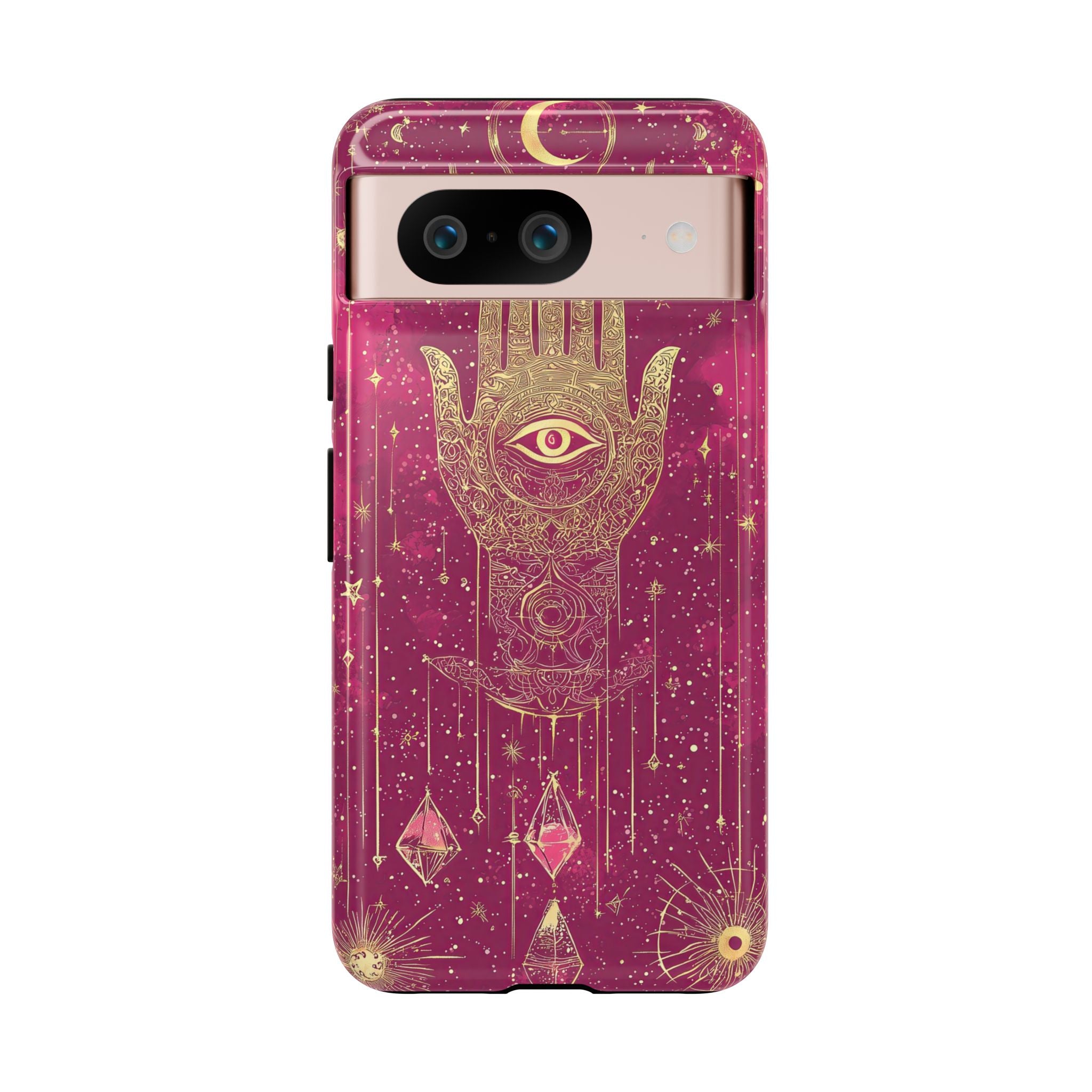 Mystic Hamsa Google Pixel Case | Gold Palm & All-Seeing Eye on Magenta Galaxy