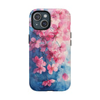 Custodia MagSafe per iPhone con motivo floreale di ciliegio in fiore | Acquerello rosa e blu