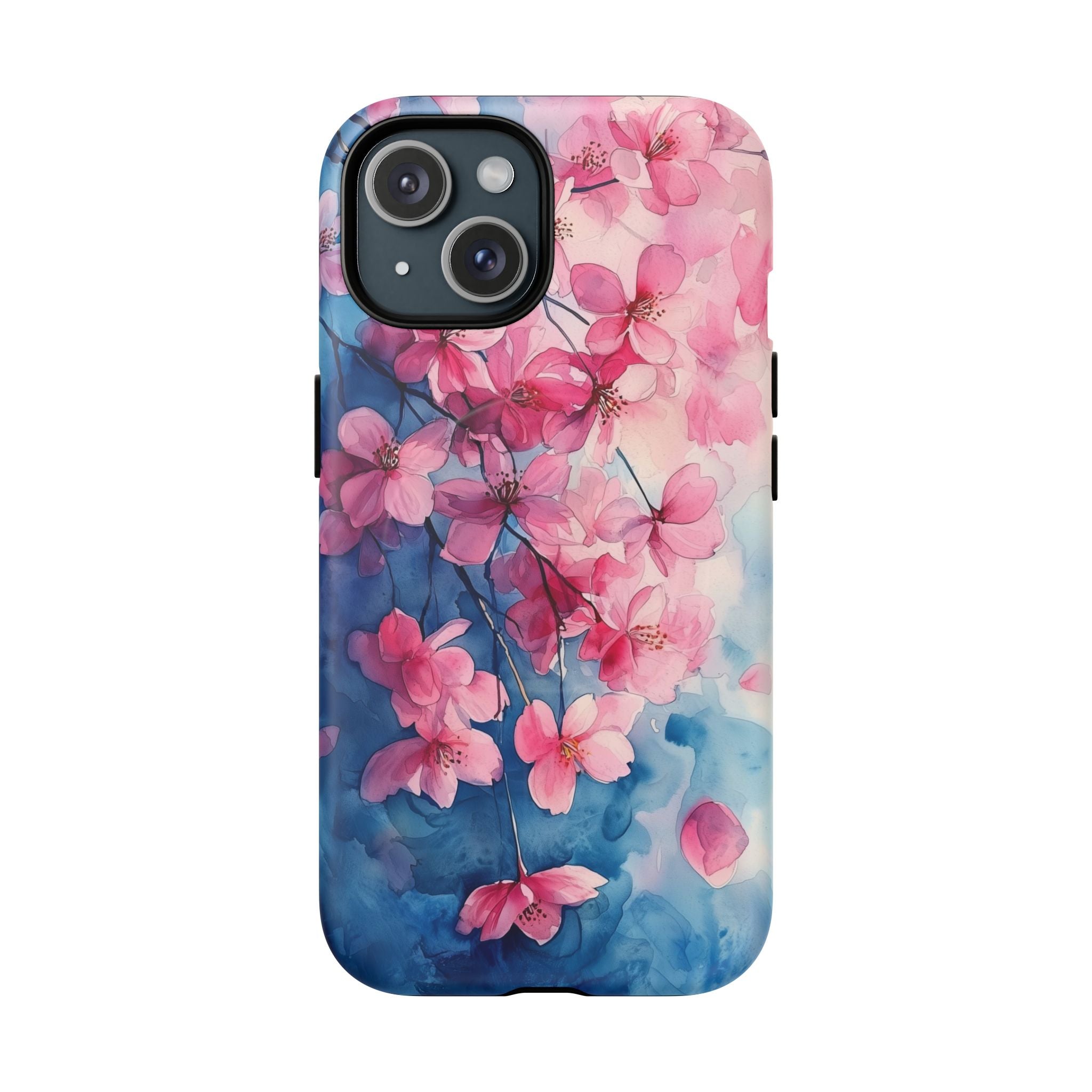 Custodia MagSafe per iPhone con motivo floreale di ciliegio in fiore | Acquerello rosa e blu