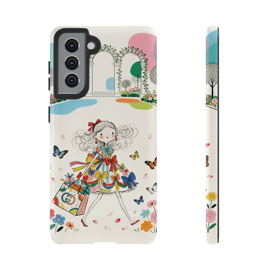 Whimsical Shopping Girl Samsung Galaxy Phone Case | Cute Floral Butterfly Tough Case
