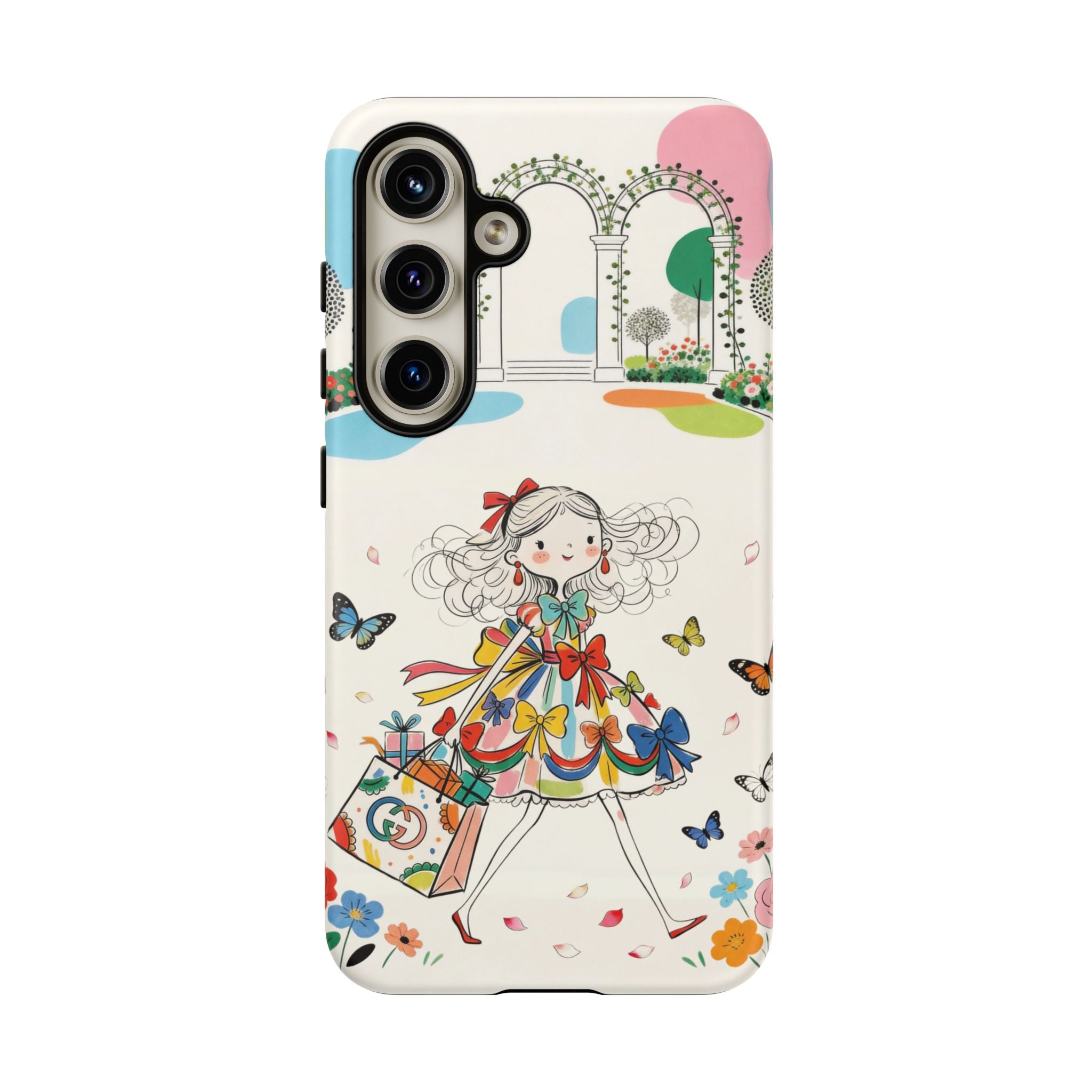 Whimsical Shopping Girl Samsung Galaxy Phone Case | Cute Floral Butterfly Tough Case
