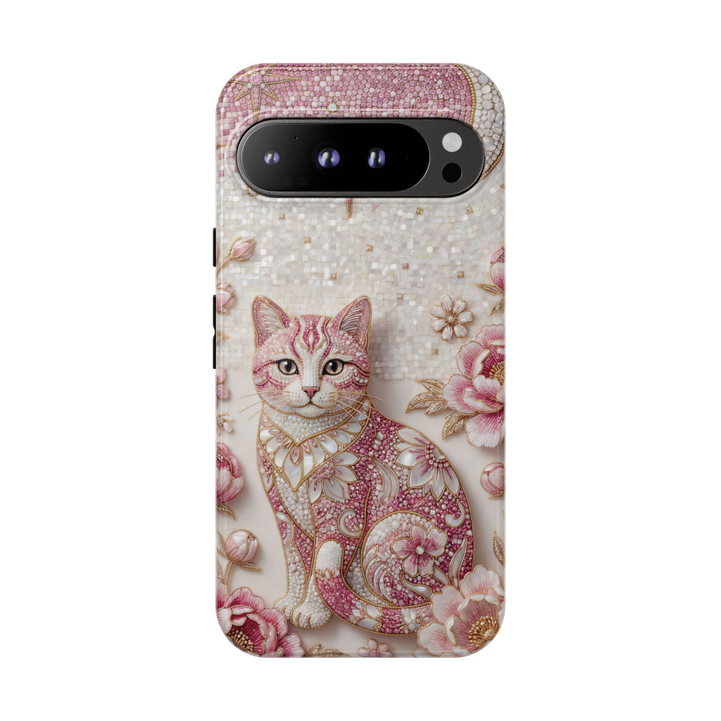 Cover per cellulare Google Pixel con gatto floreale vintage | Cover per telefono con luna rosa e rose