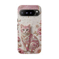 Cover per cellulare Google Pixel con gatto floreale vintage | Cover per telefono con luna rosa e rose