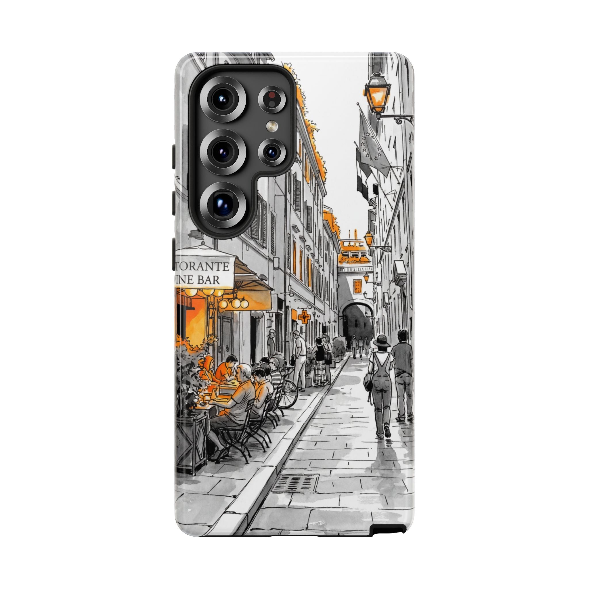 Italy Street Samsung Galaxy Case | Black & White Cityscape with Orange Accents