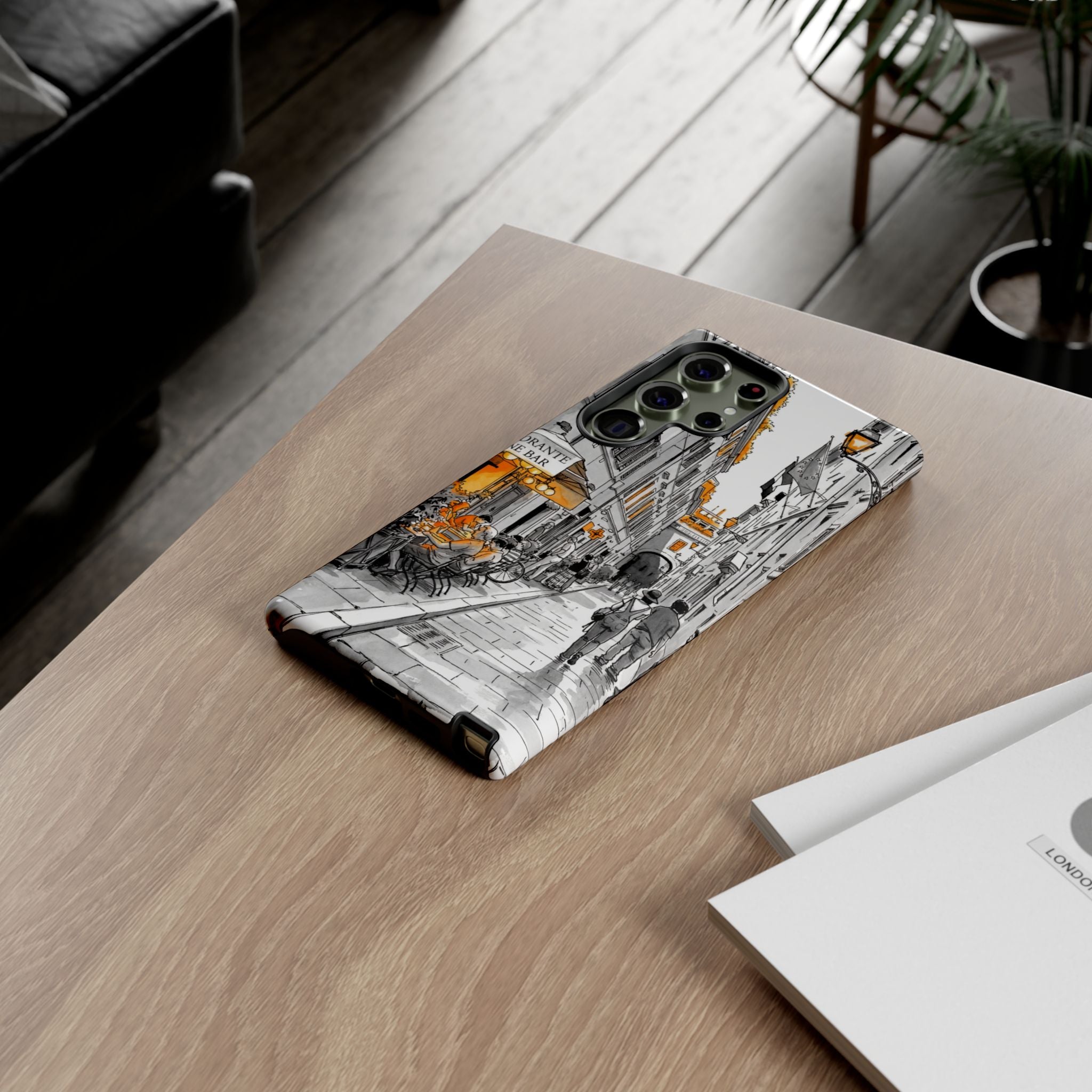 Italy Street Samsung Galaxy Case | Black & White Cityscape with Orange Accents