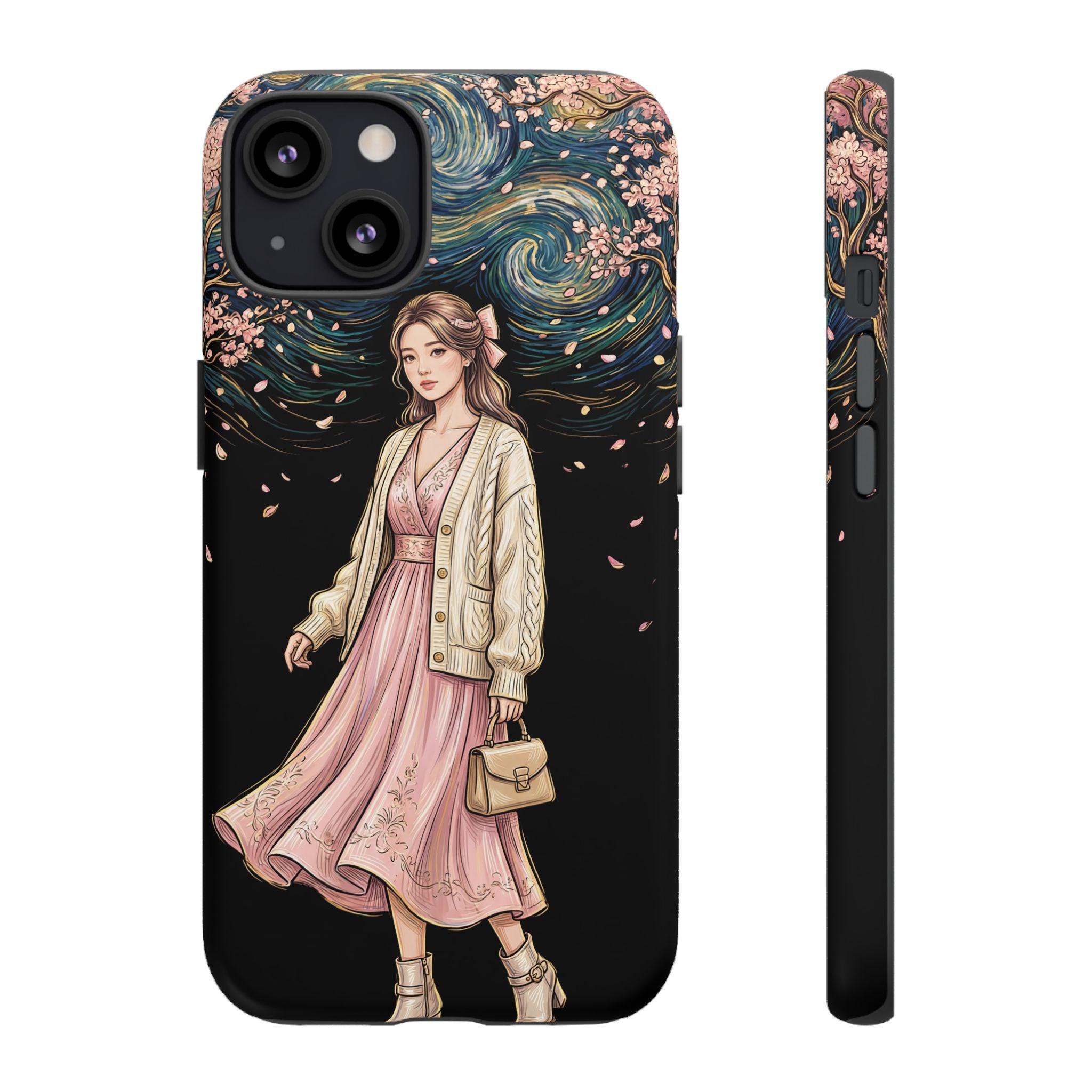 Floral Starry Night iPhone Case | Elegant Girl in Pink Dress