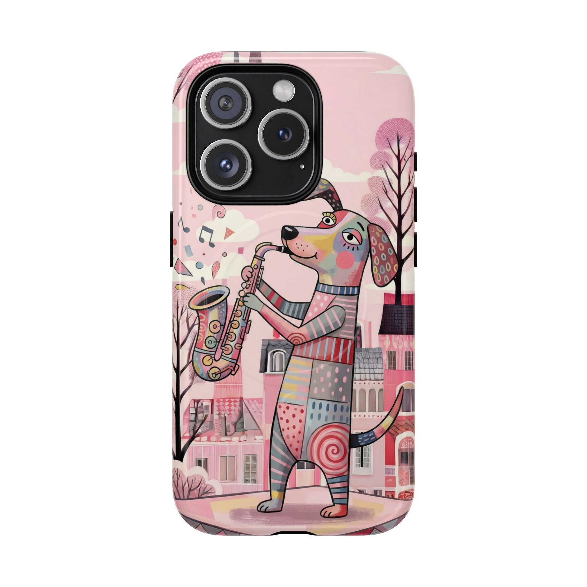 Saxophone Dog MagSafe iPhone Case | Cute Pink Musical Art Protective Case