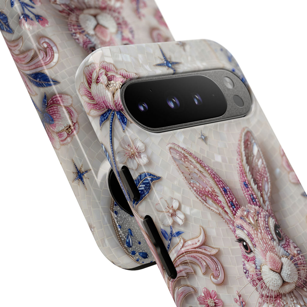 Floral Moon Rabbit Tough Google Pixel Phone Case | Pink Boho Bunny Protective Cover