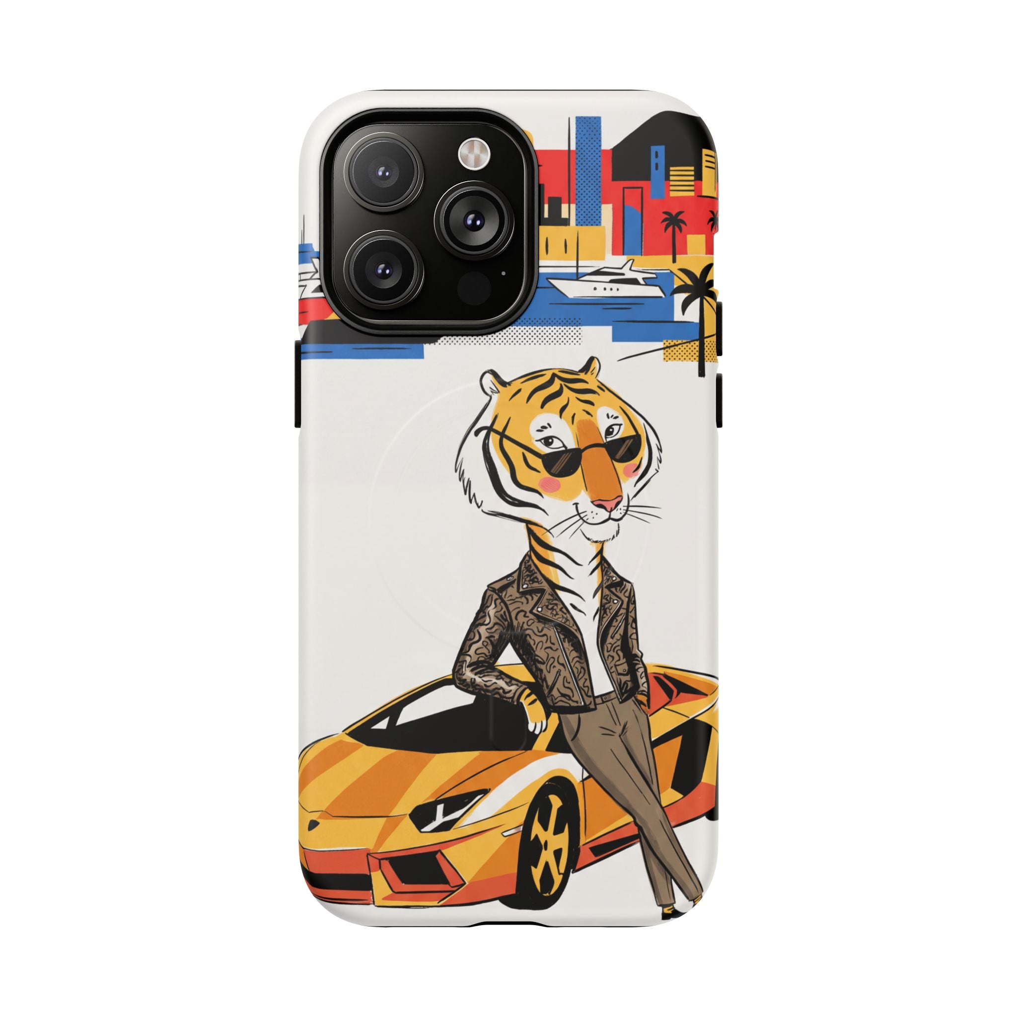 Stylish Tiger with Sports Car Illustration MagSafe iPhone Case