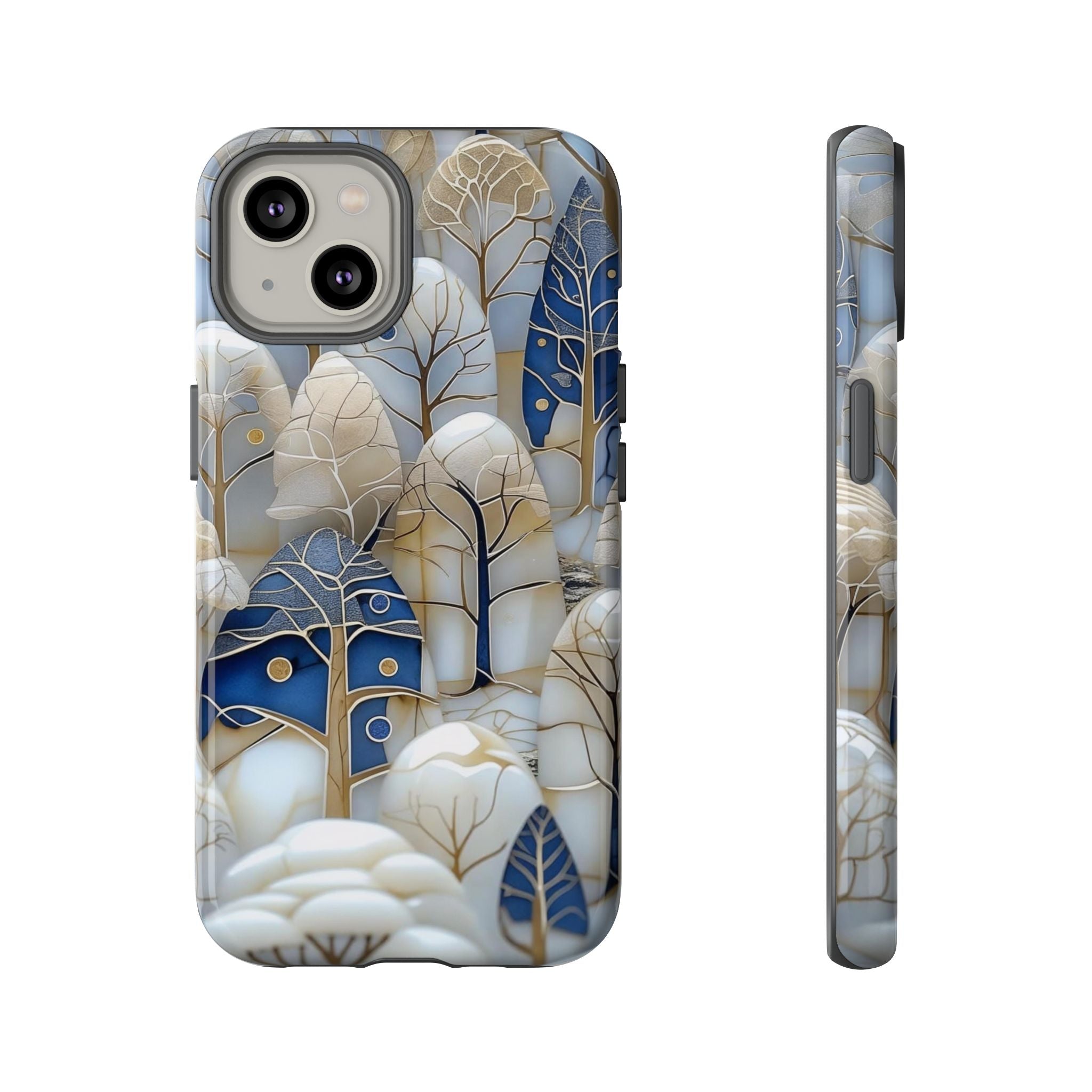 Blue Gold Winter Forest iPhone Case — Elegant Tree Pattern Tough Case