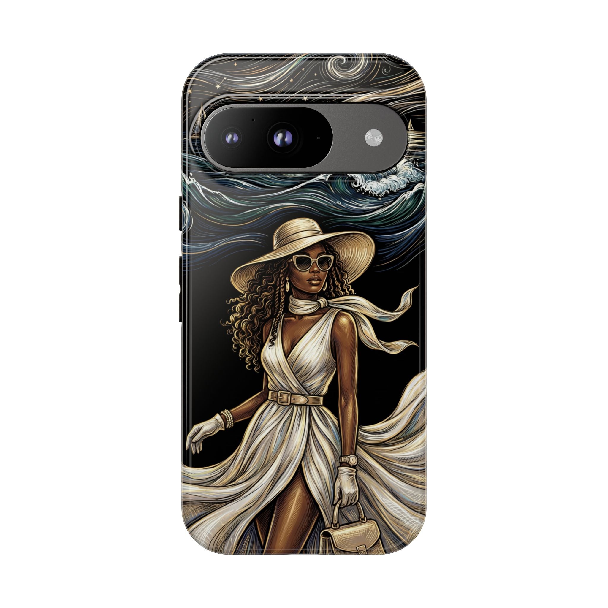 Google Pixel Phone Case | Elegant Black Woman in Flowing Dress by the Sea