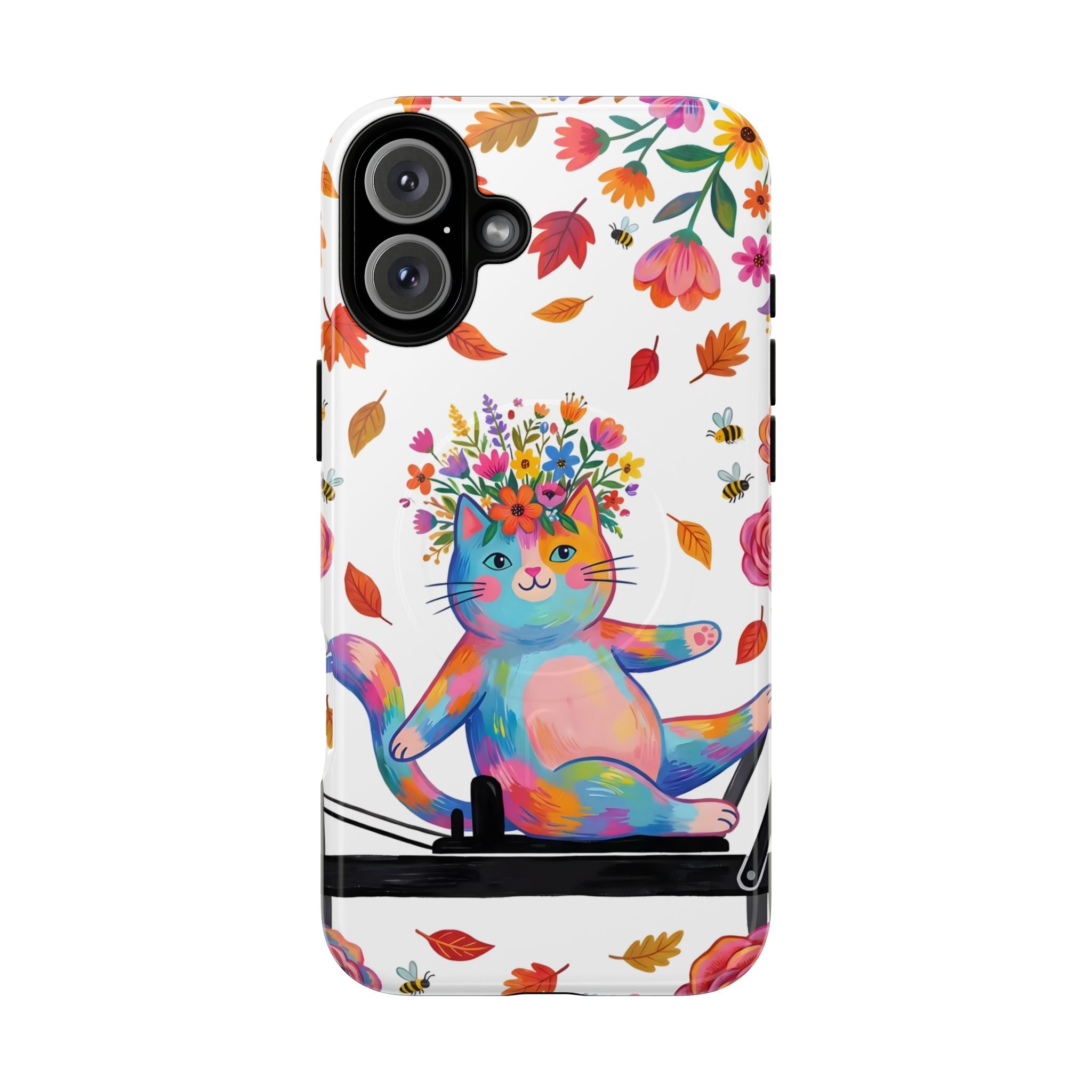 Colorful Floral Cat on Pilates Reformer Protective MagSafe iPhone Case