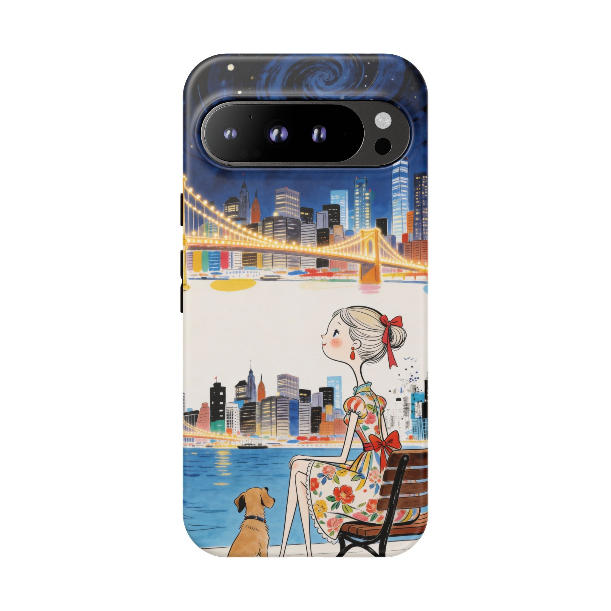 City Night Google Pixel Phone Case | Cute Girl & Dog Bench Illustration