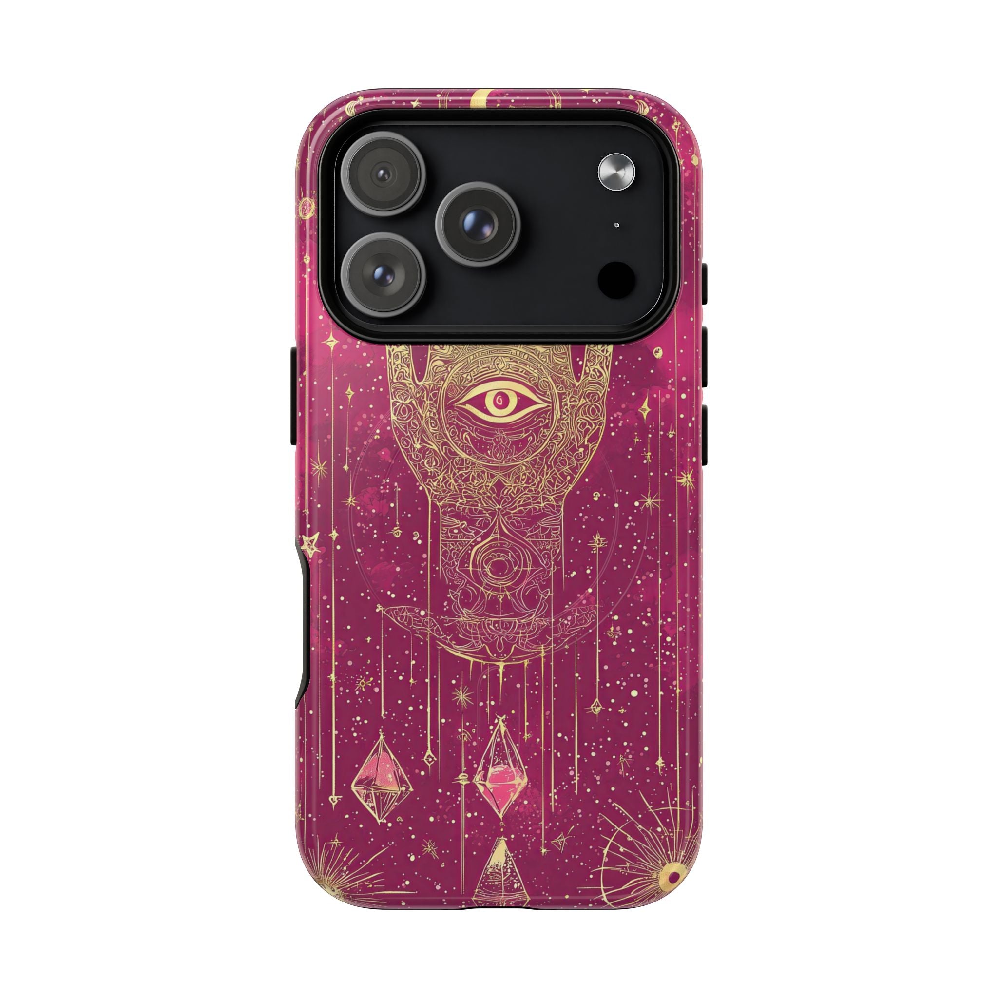 Custodia MagSafe per iPhone Mystic Hamsa | Palma dorata e occhio onniveggente su galassia magenta