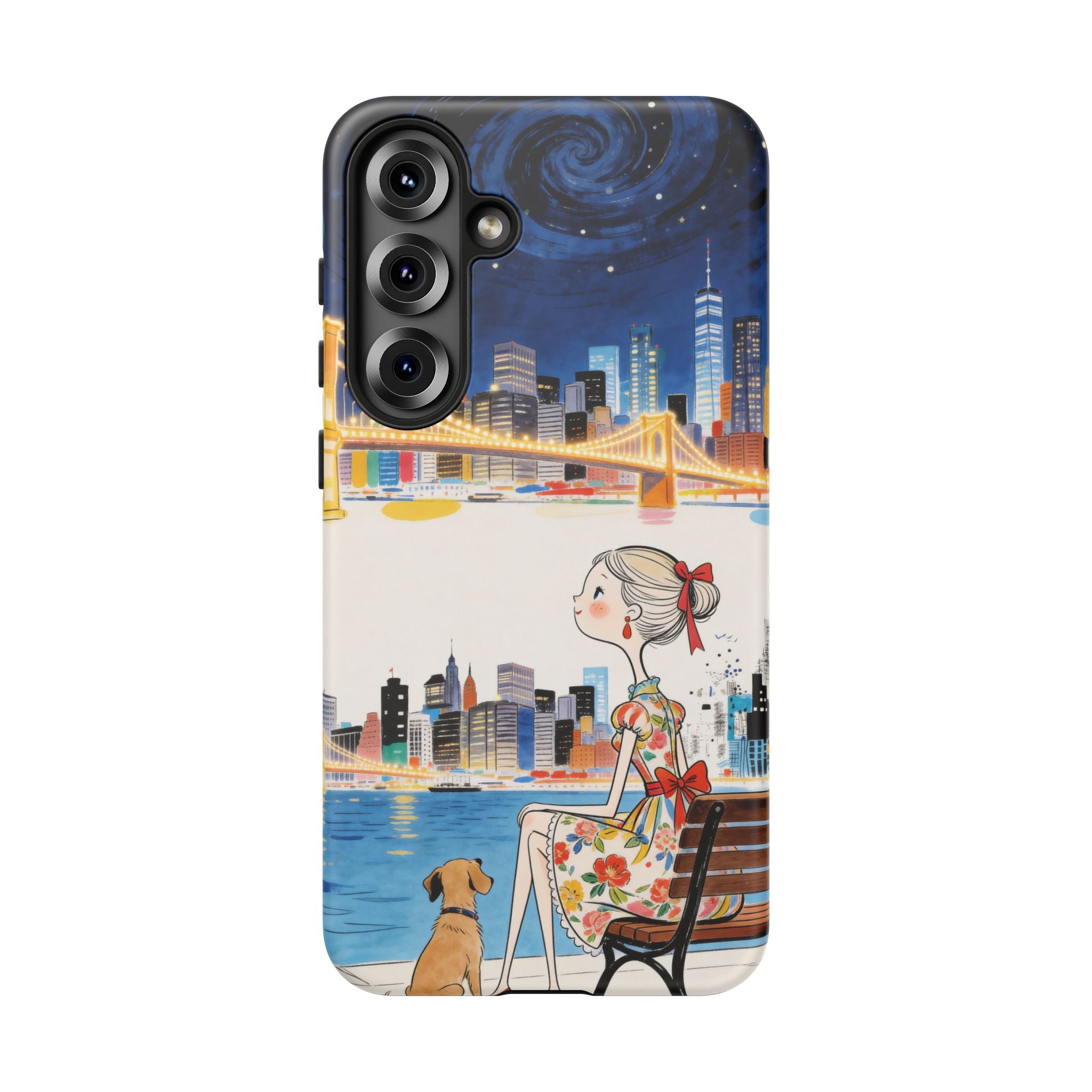 City Night Samsung Galaxy Phone Case | Cute Girl & Dog Bench Illustration