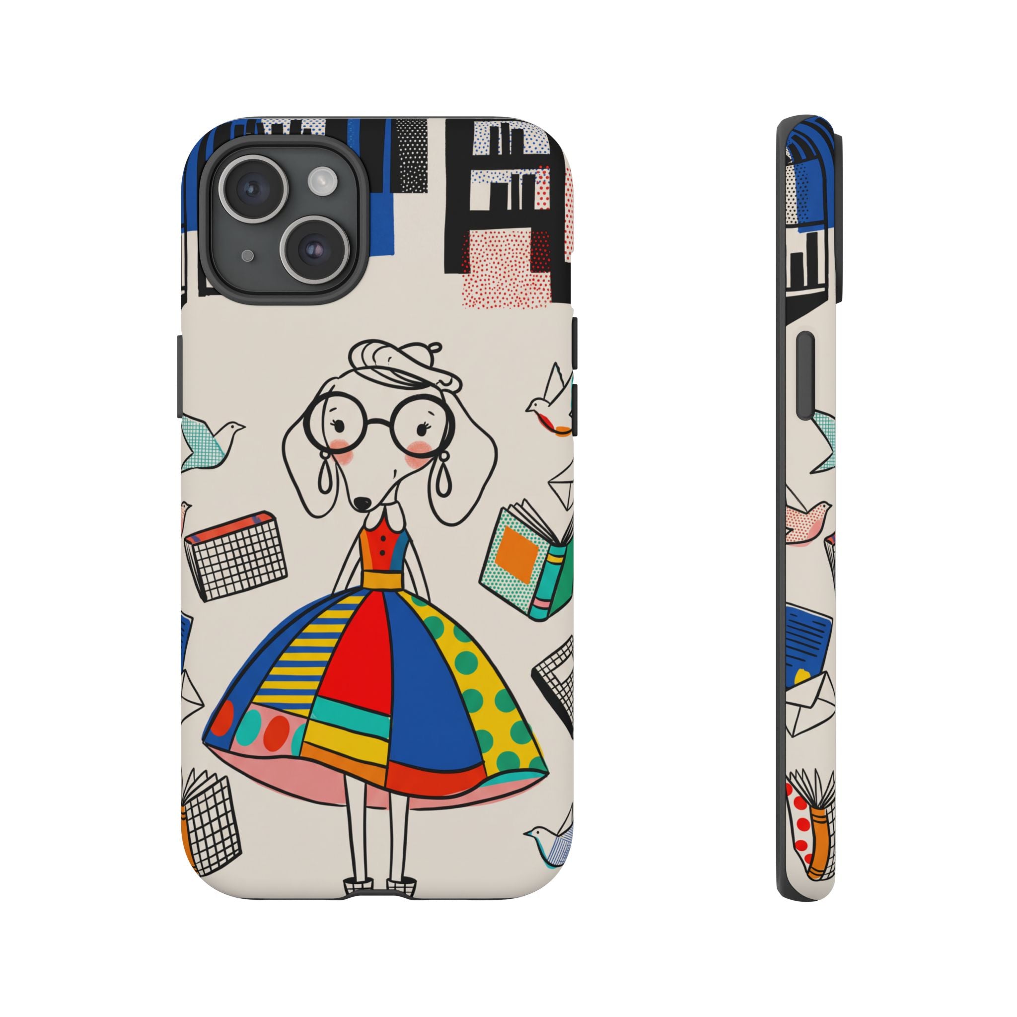 Cute Dachshund Dog Illustration iPhone Case | Colorful Whimsical Book & Bird Design