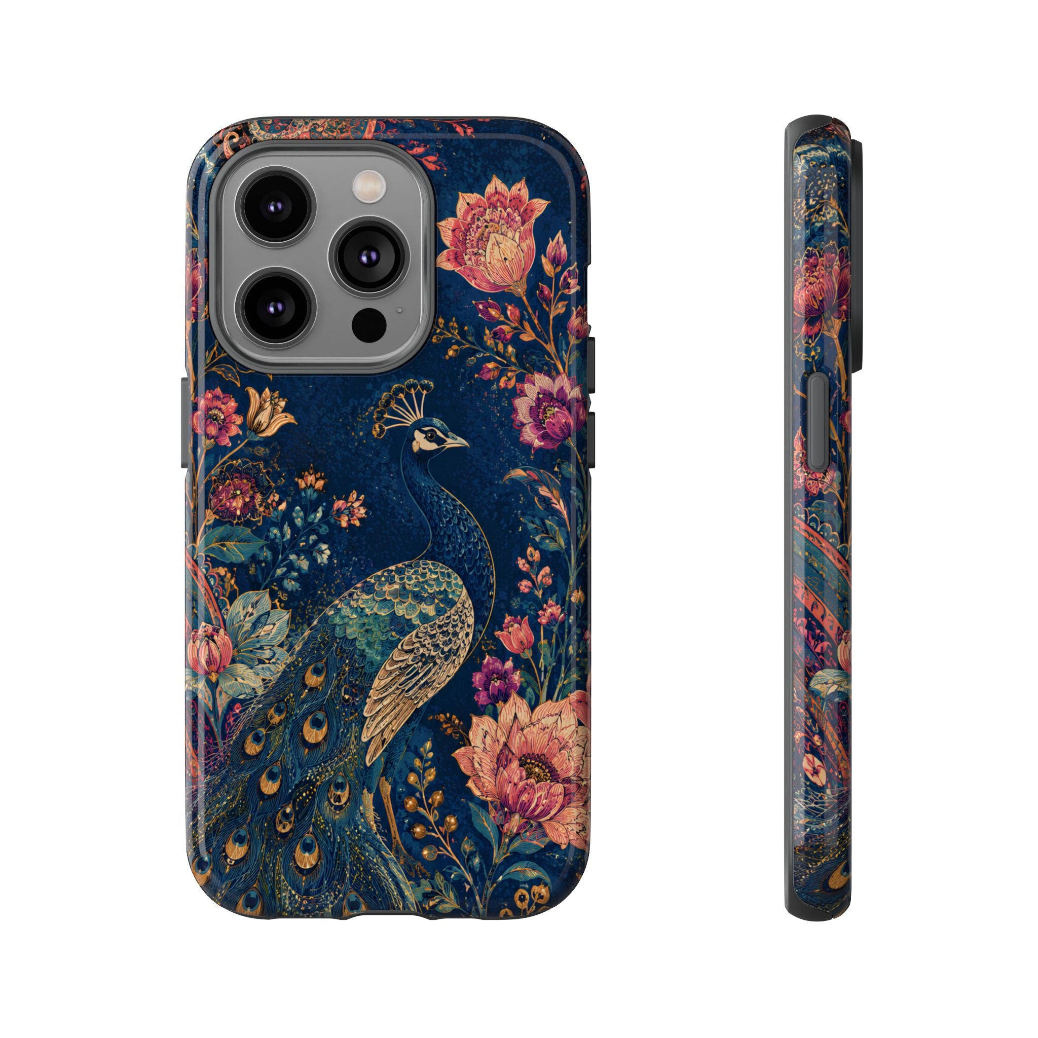 Peacock Floral Tough iPhone Case | Antique Indigo Gold Art Cover