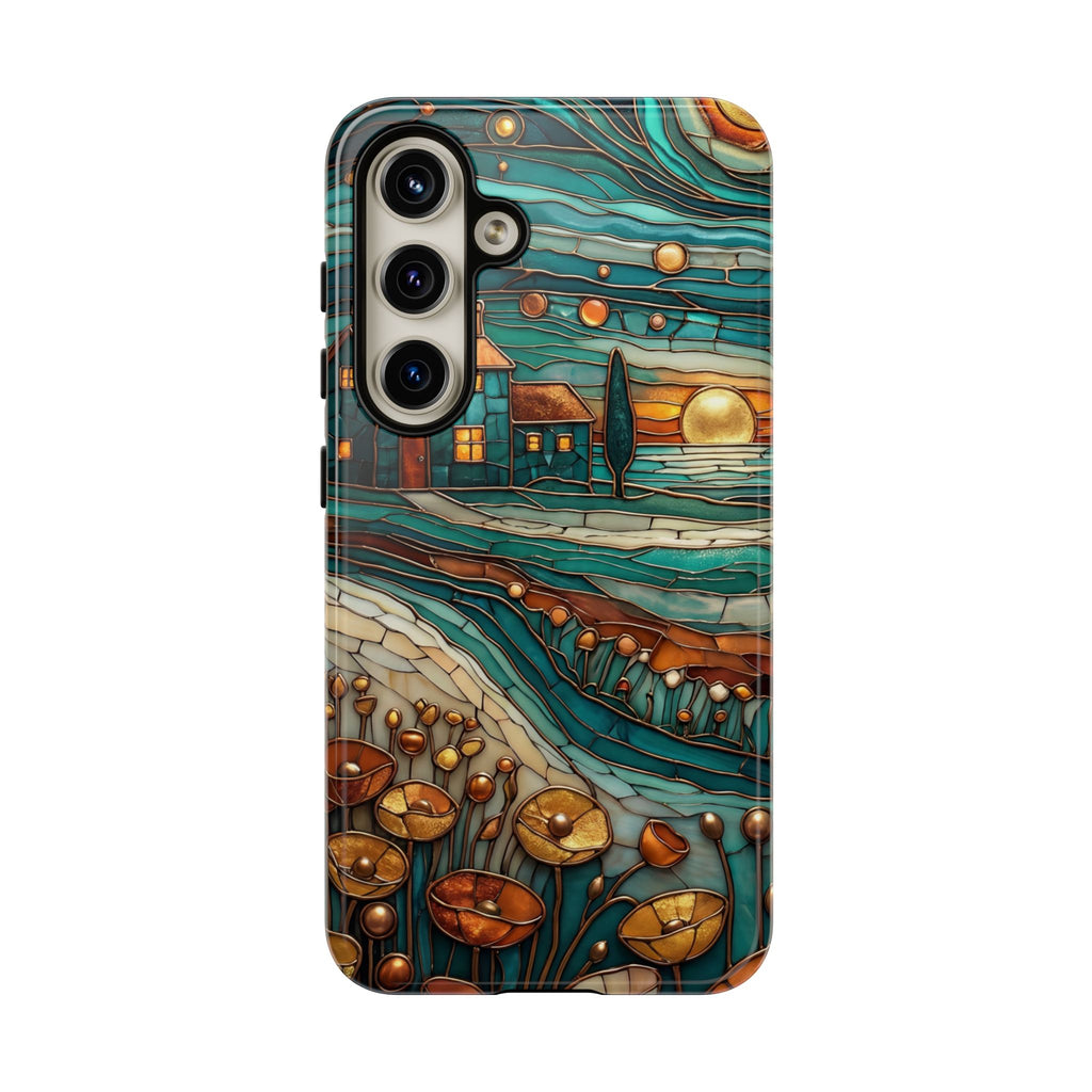 Artistic Sunset Cottage Samsung Galaxy Case | Whimsical Floral Landscape Protective Cover