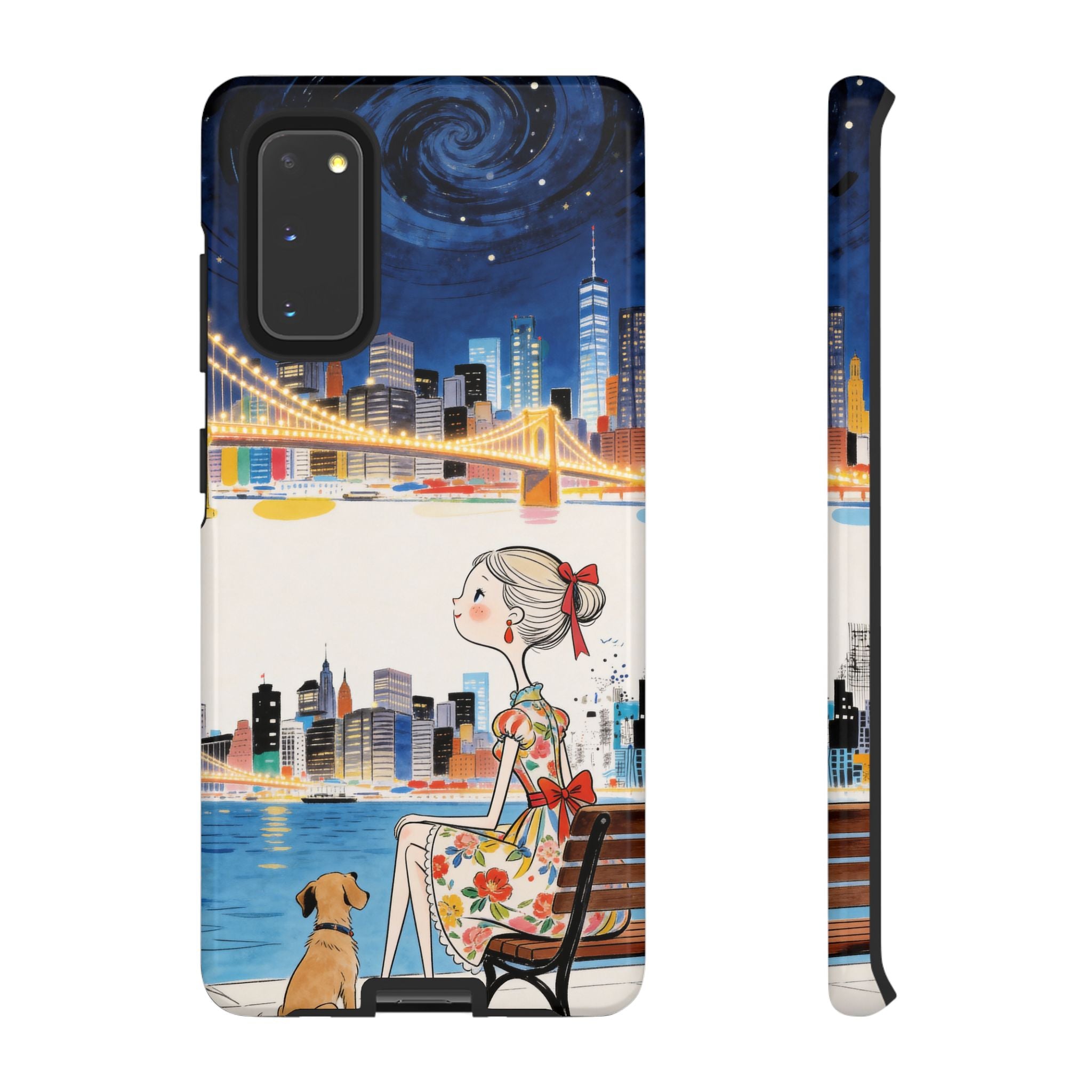 City Night Samsung Galaxy Phone Case | Cute Girl & Dog Bench Illustration