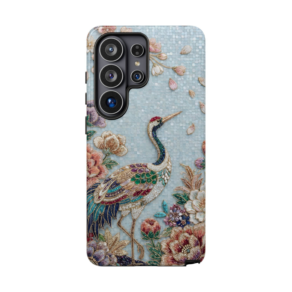 Custodia per telefono Samsung Galaxy resistente Gru floreale | Protezione uccello ricamato vintage