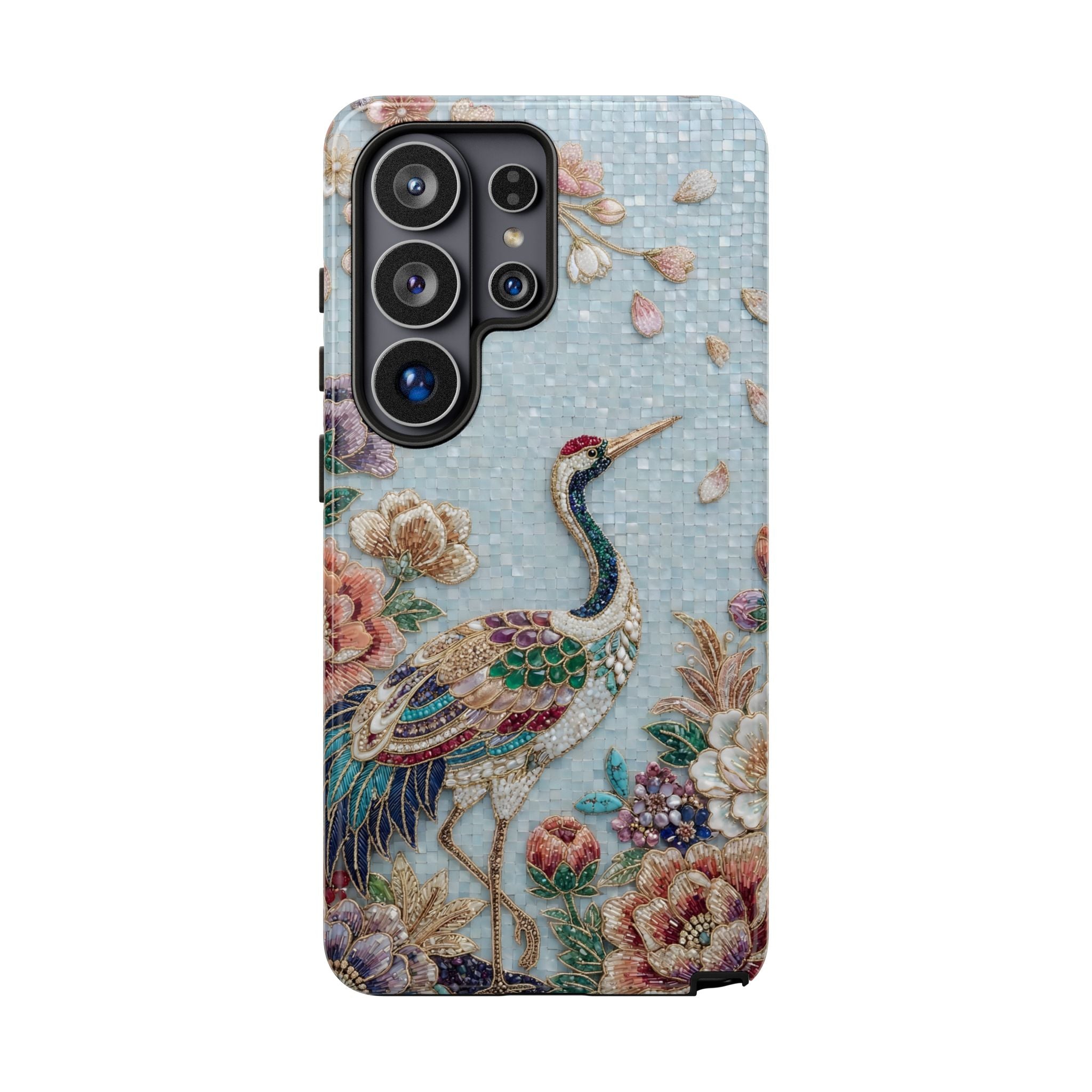 Floral Crane Tough Samsung Galaxy Phone Case | Vintage Embroidered Bird Protection