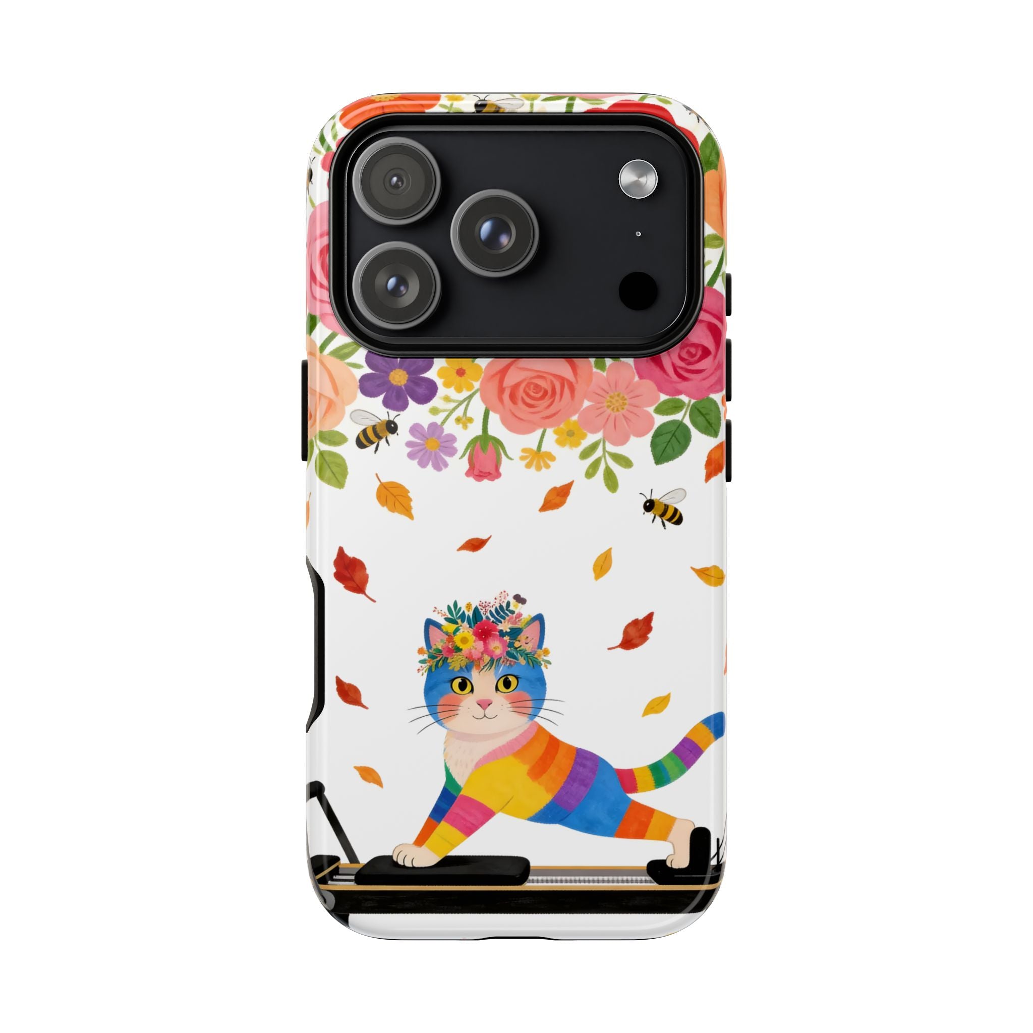 Floral Rainbow Cat Tough iPhone Case — Colorful Pilates Cat Design