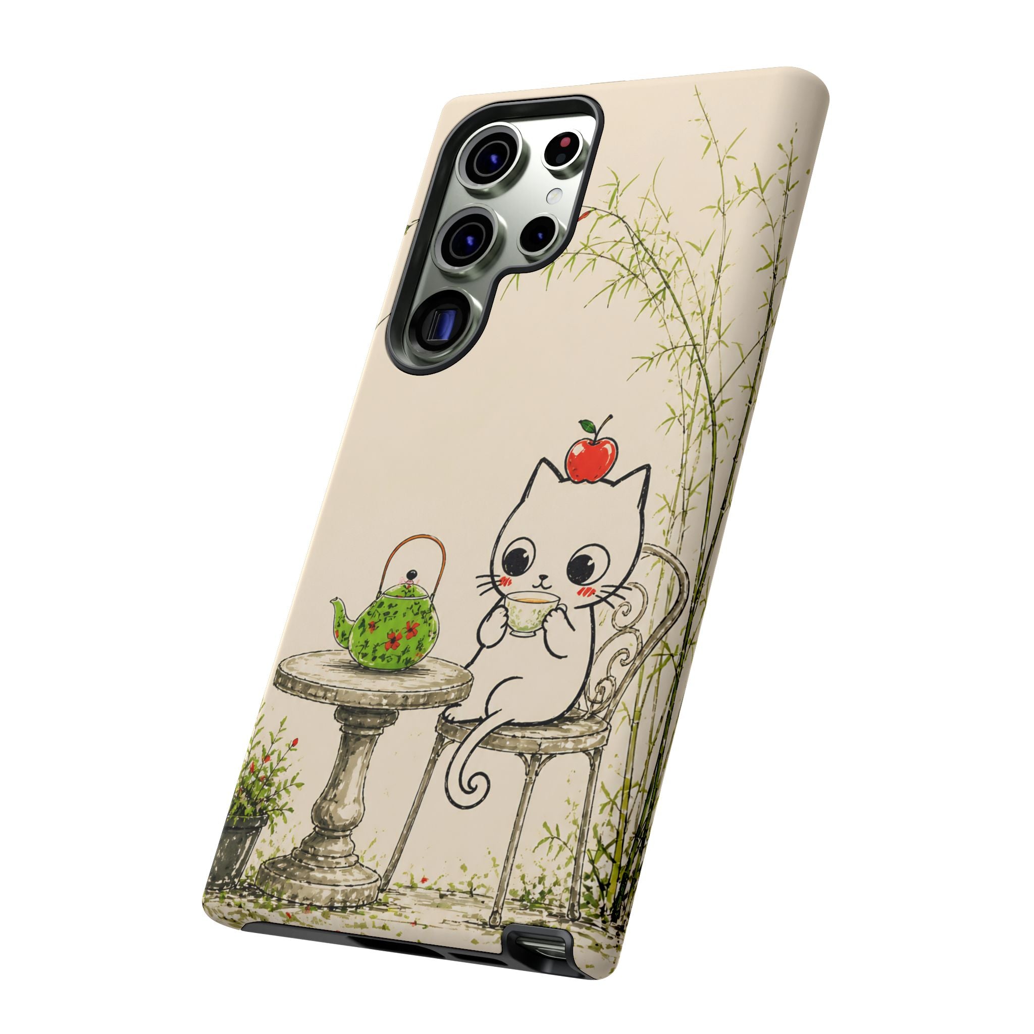 Cute Cat Tea Time Samsung Galaxy Phone Case | Kawaii Kitten with Apple Design